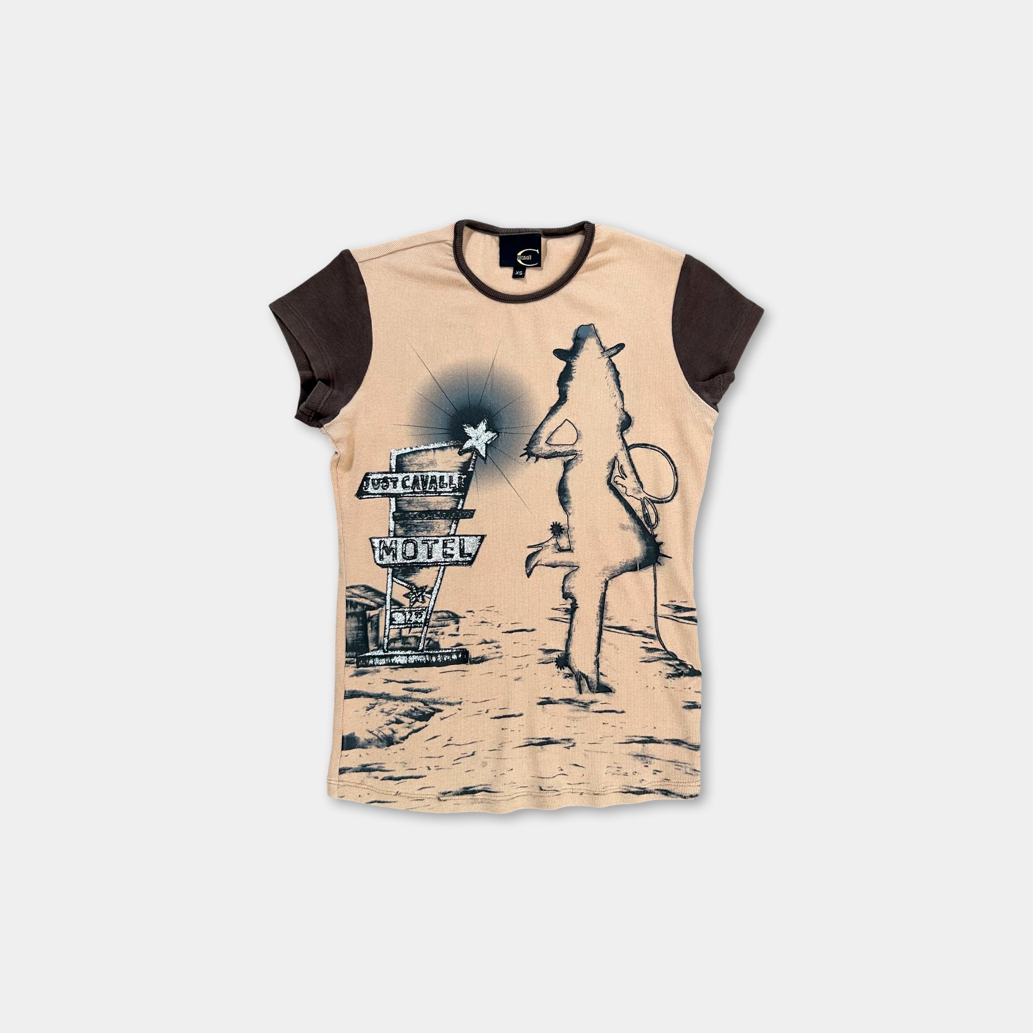 Roberto Cavalli Slim Cowboy Print Beige Brown T-Shirt