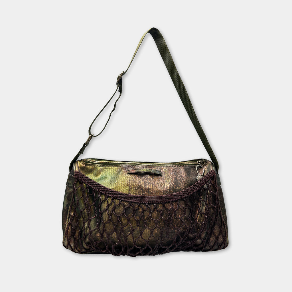 A small, rectangular purse with a mesh pattern and a black strap.