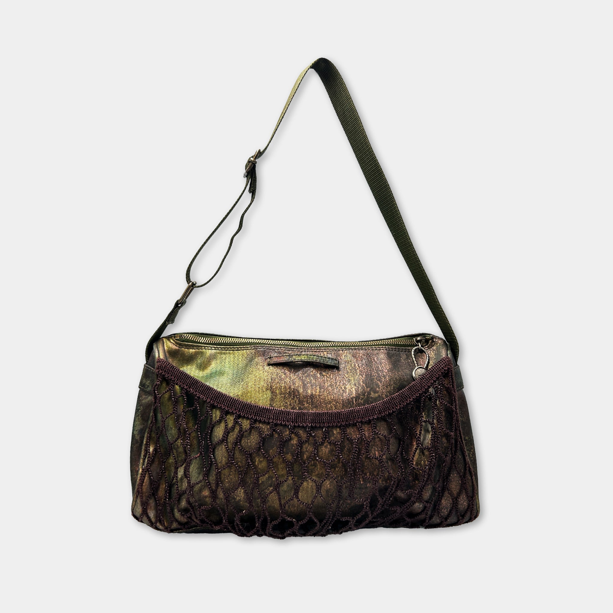 A small, rectangular purse with a mesh pattern and a black strap.
