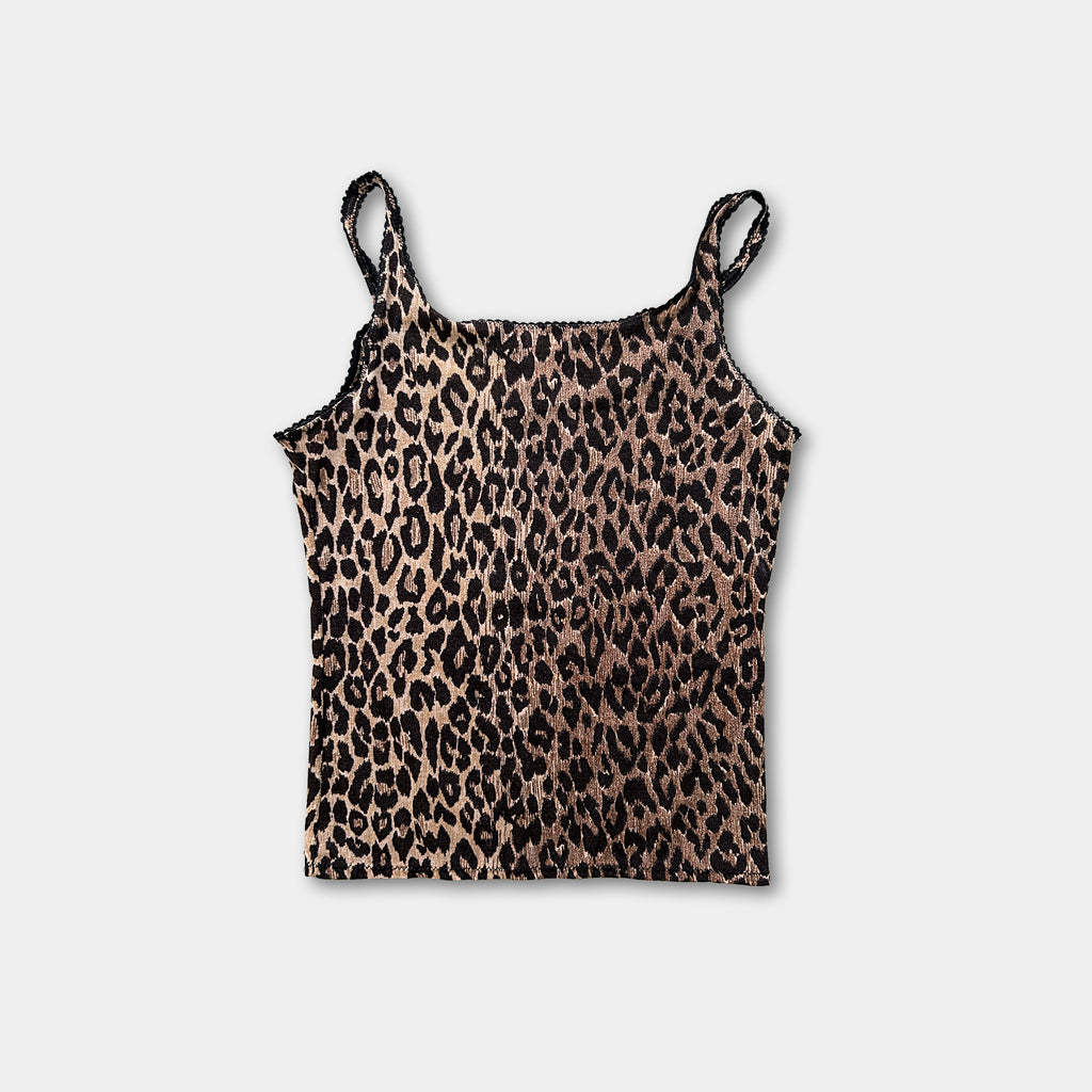 A leopard print tank top is shown against a white background.