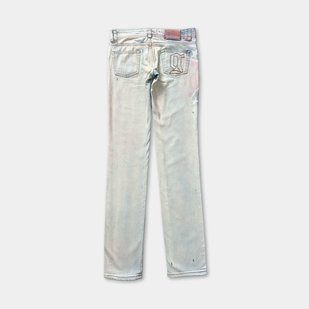 A pair of light blue denim jeans with a faded, distressed appearance.