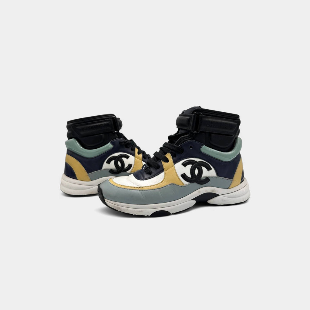 Chanel Multi-Color Leather CC Logo High-Top Ankle-Strap Sneakers