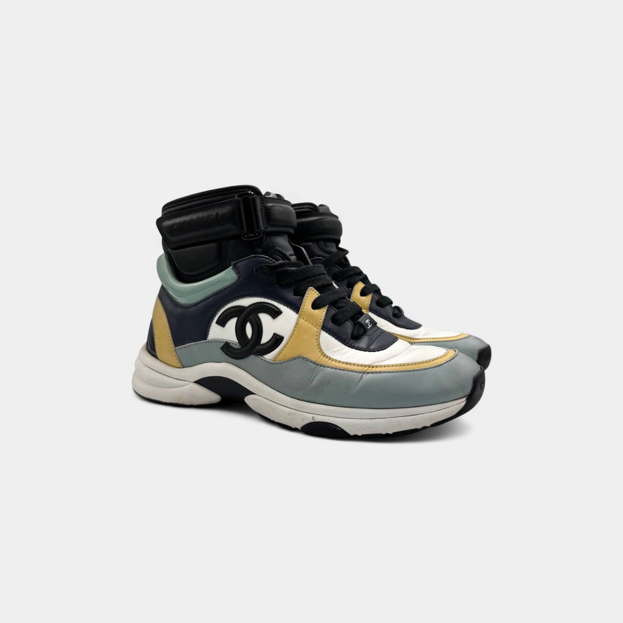 Chanel Multi-Color Leather CC Logo High-Top Ankle-Strap Sneakers