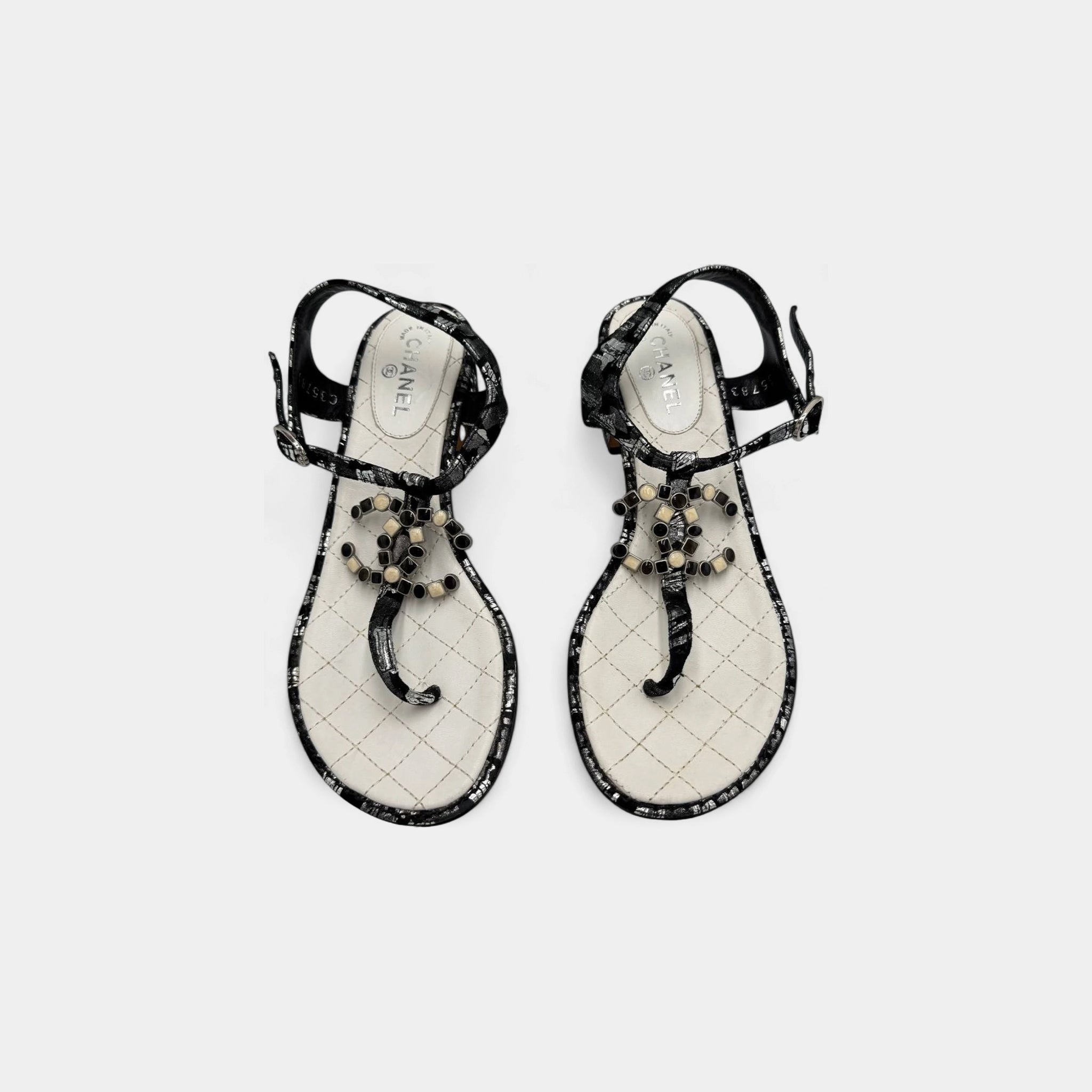 Chanel Quilted Leather Mosaic CC Logo T-Strap Sandals