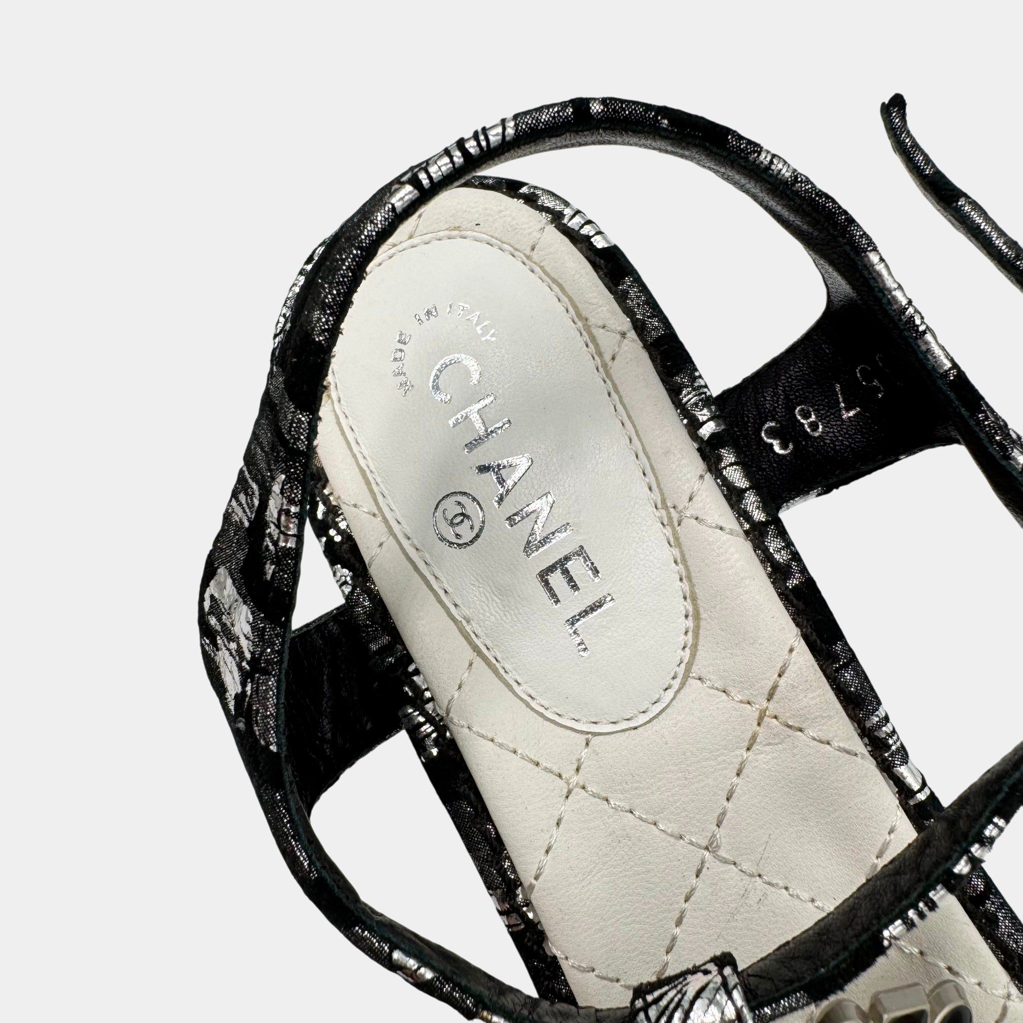 Chanel Quilted Leather Mosaic CC Logo T-Strap Sandals