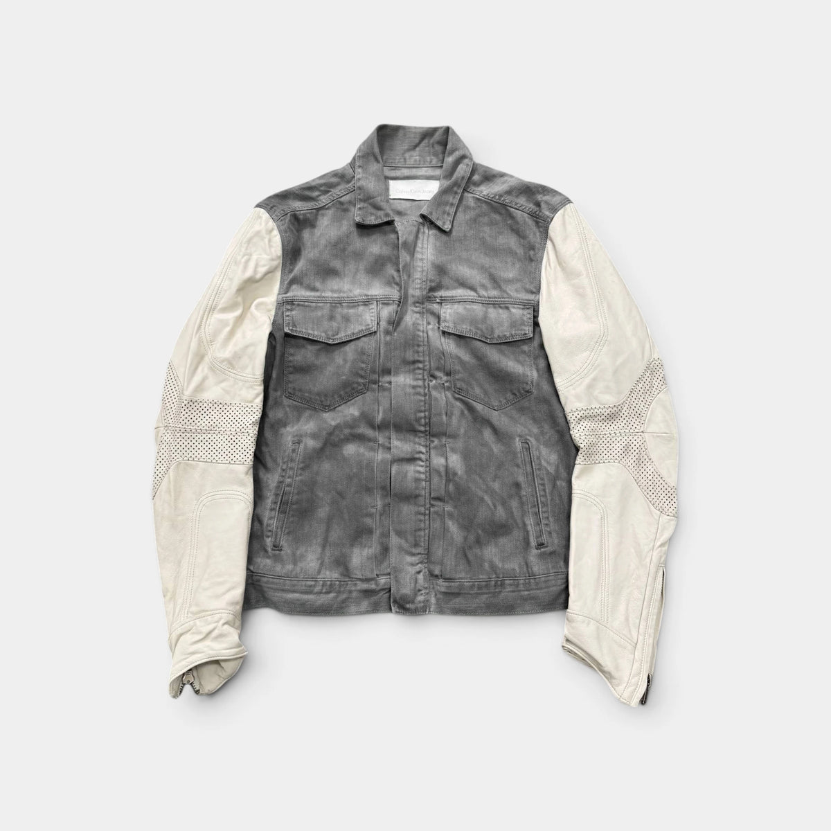Calvin Klein Grey Denim Leather Biker Jacket