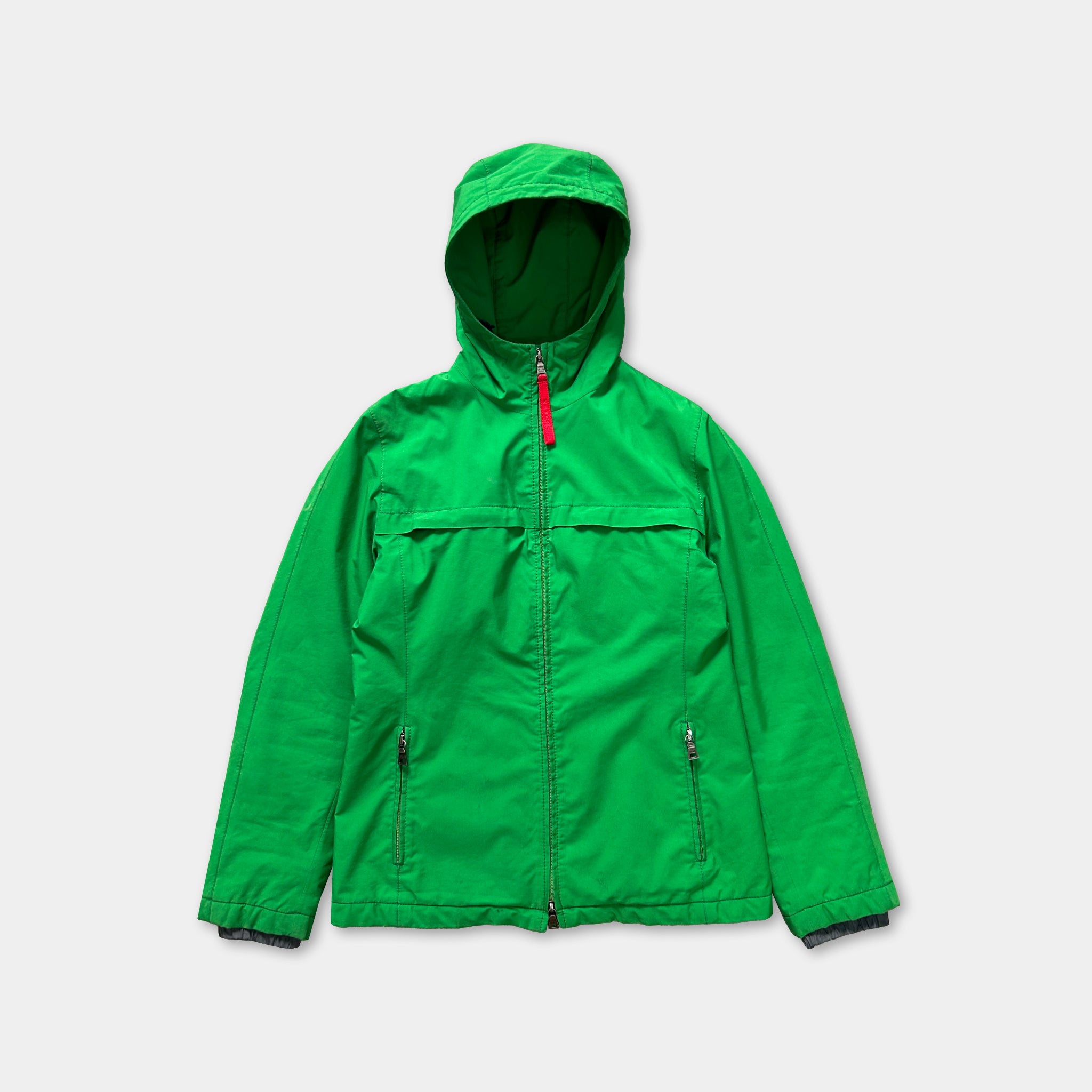 A bright green hooded jacket with a zipper and pockets, displayed against a white background.