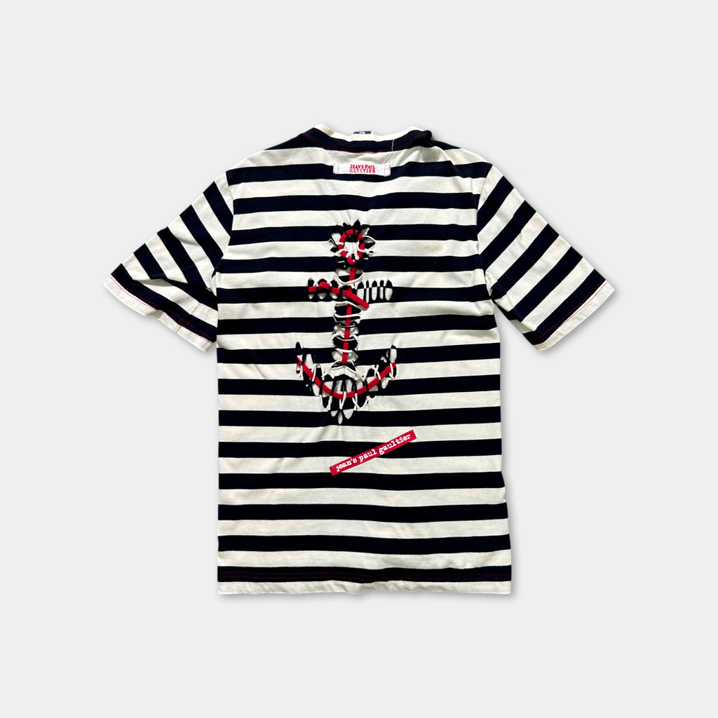 A black and white striped t-shirt with a graphic design of a flower and the text "JOE'S BRO" printed on it.