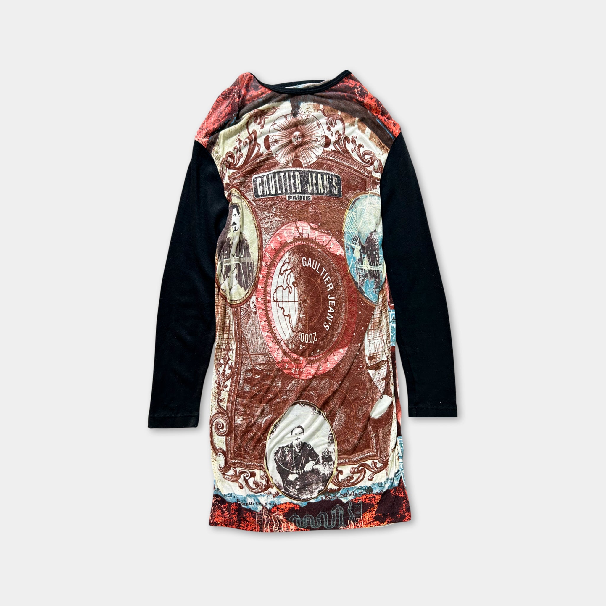 a colorful, patterned dress with a variety of designs and images on it.
