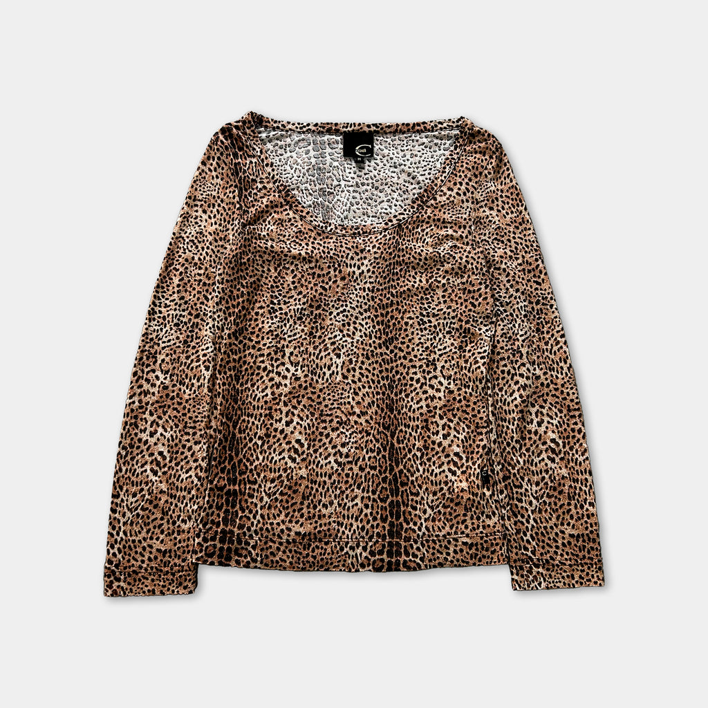 A long-sleeved shirt with a leopard print pattern.
