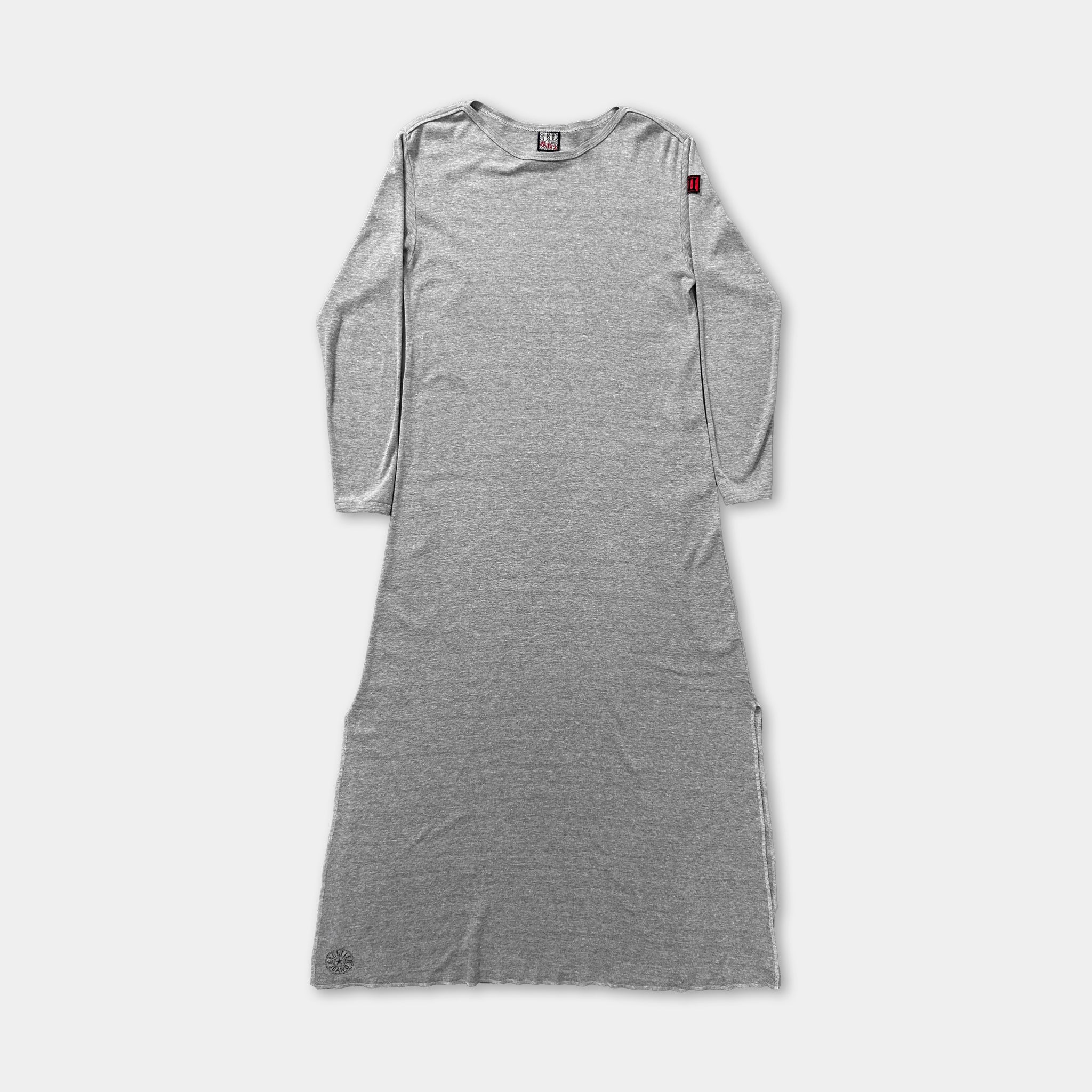 A gray long-sleeved dress with a simple, classic design.