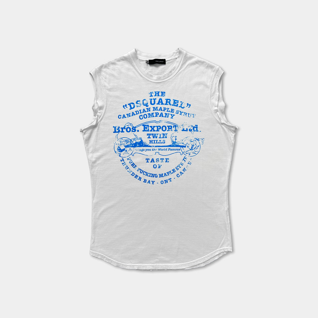 A white sleeveless t-shirt with a printed design featuring text and graphics in blue and white colors.