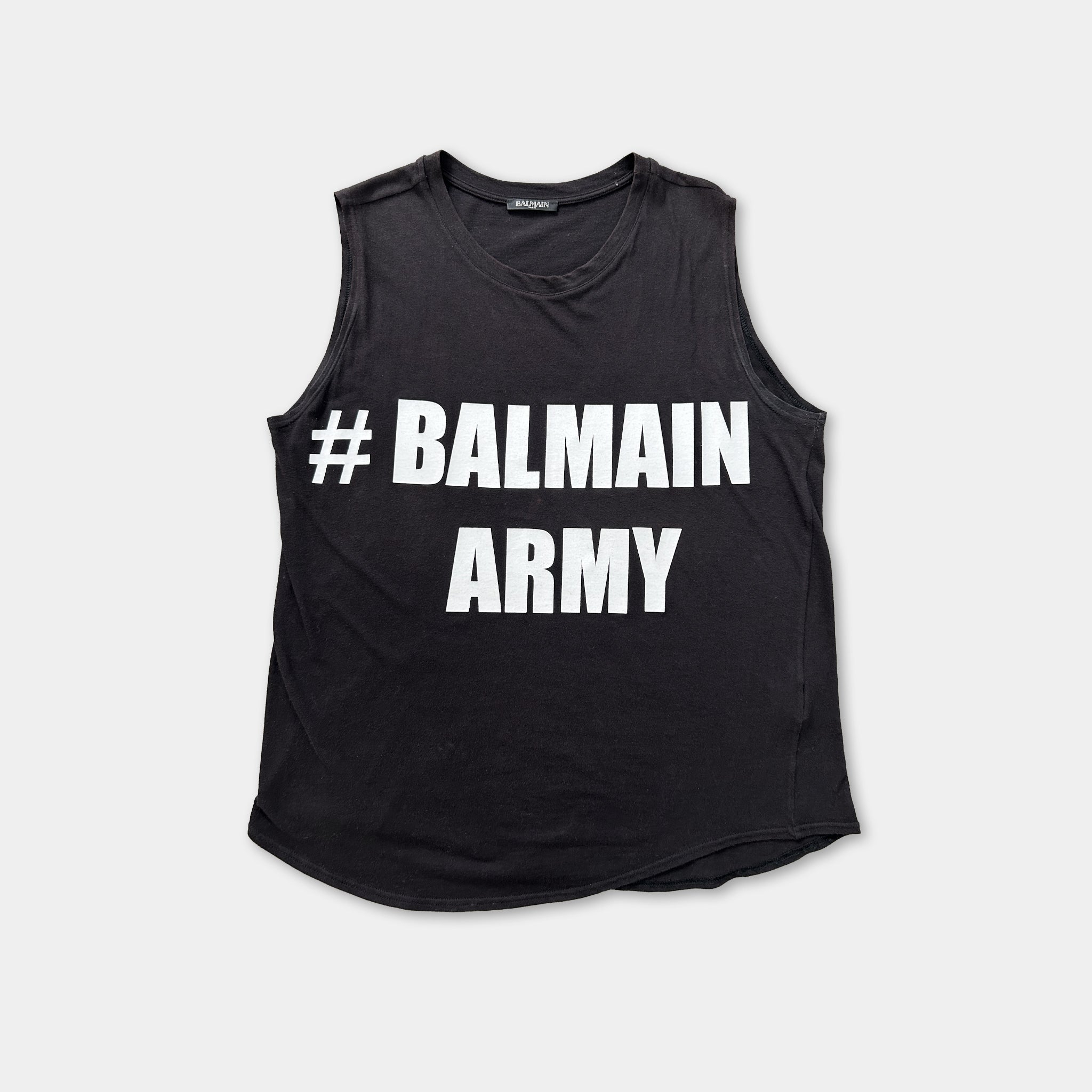 A black tank top with white text printed on it.