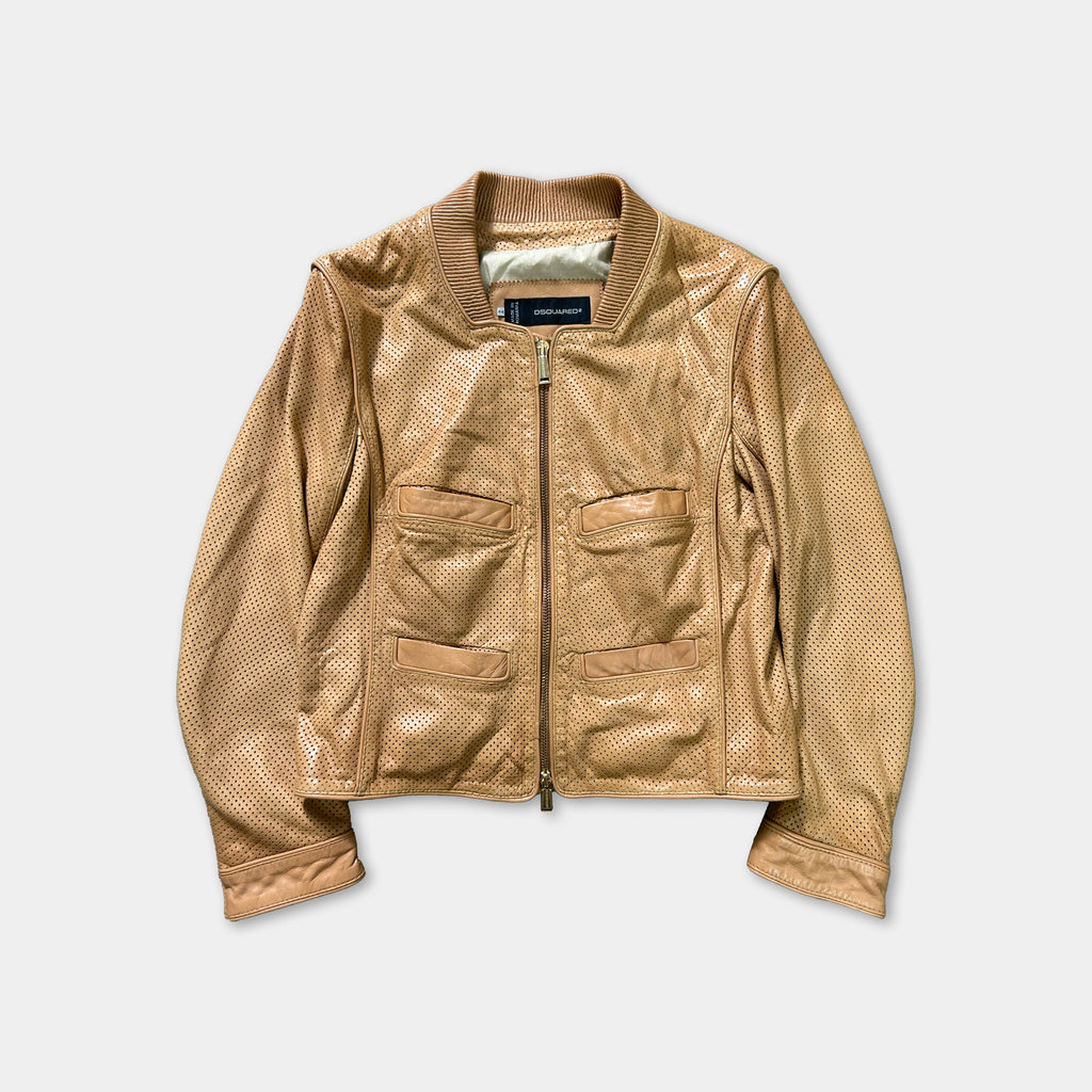 A tan leather jacket with a zipper and two pockets, displayed against a white background.