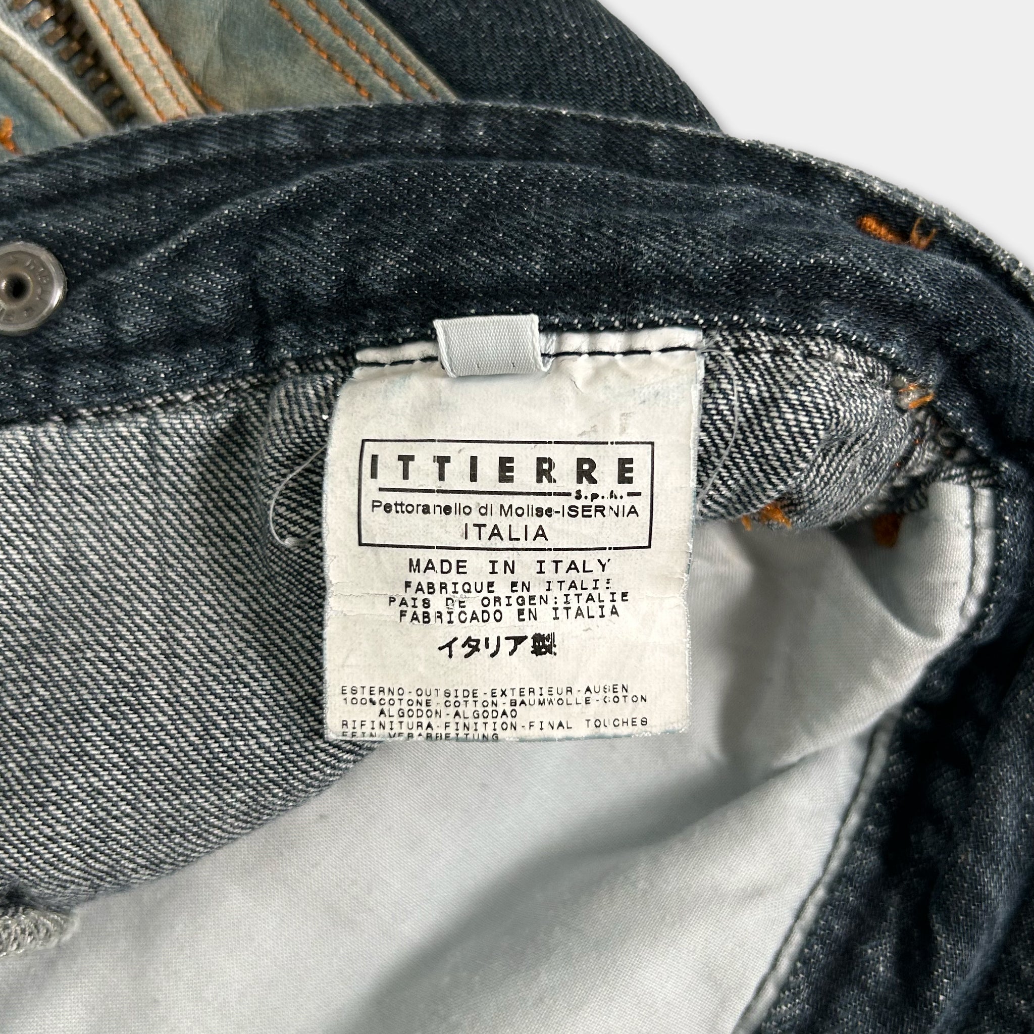 a close-up view of a label on a pair of jeans, indicating that they are made in Italy.