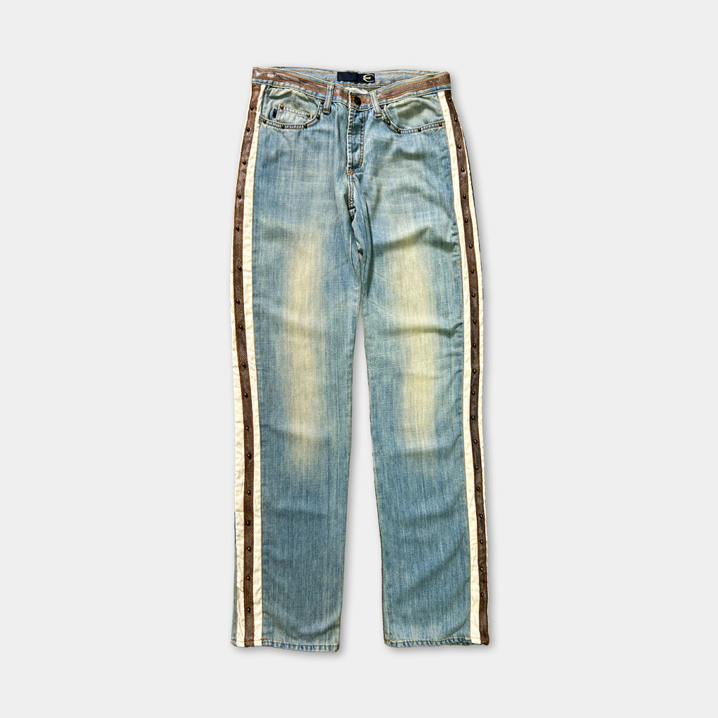 A pair of blue jeans with a distinctive stripe running down the side.