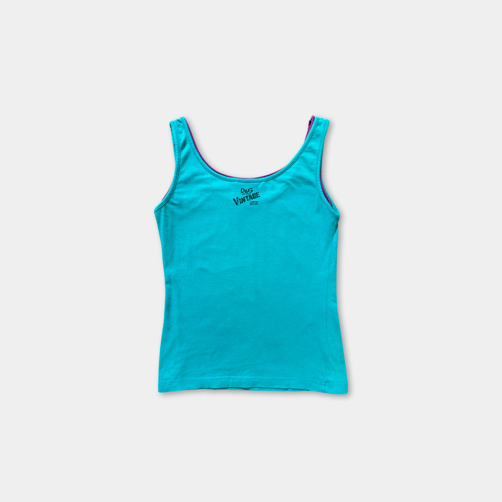 A turquoise tank top with a purple trim, featuring a small black logo on the front.