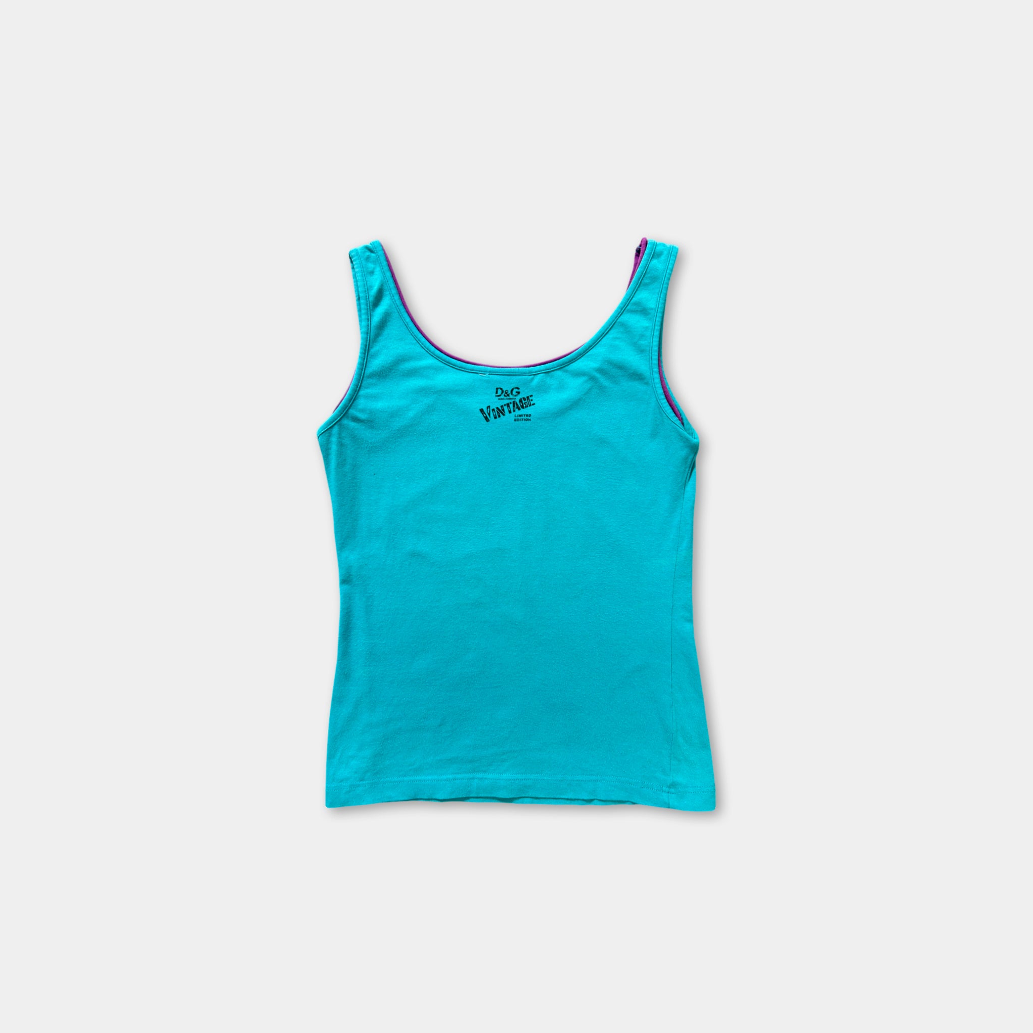 A turquoise tank top with a purple trim, featuring a small black logo on the front.