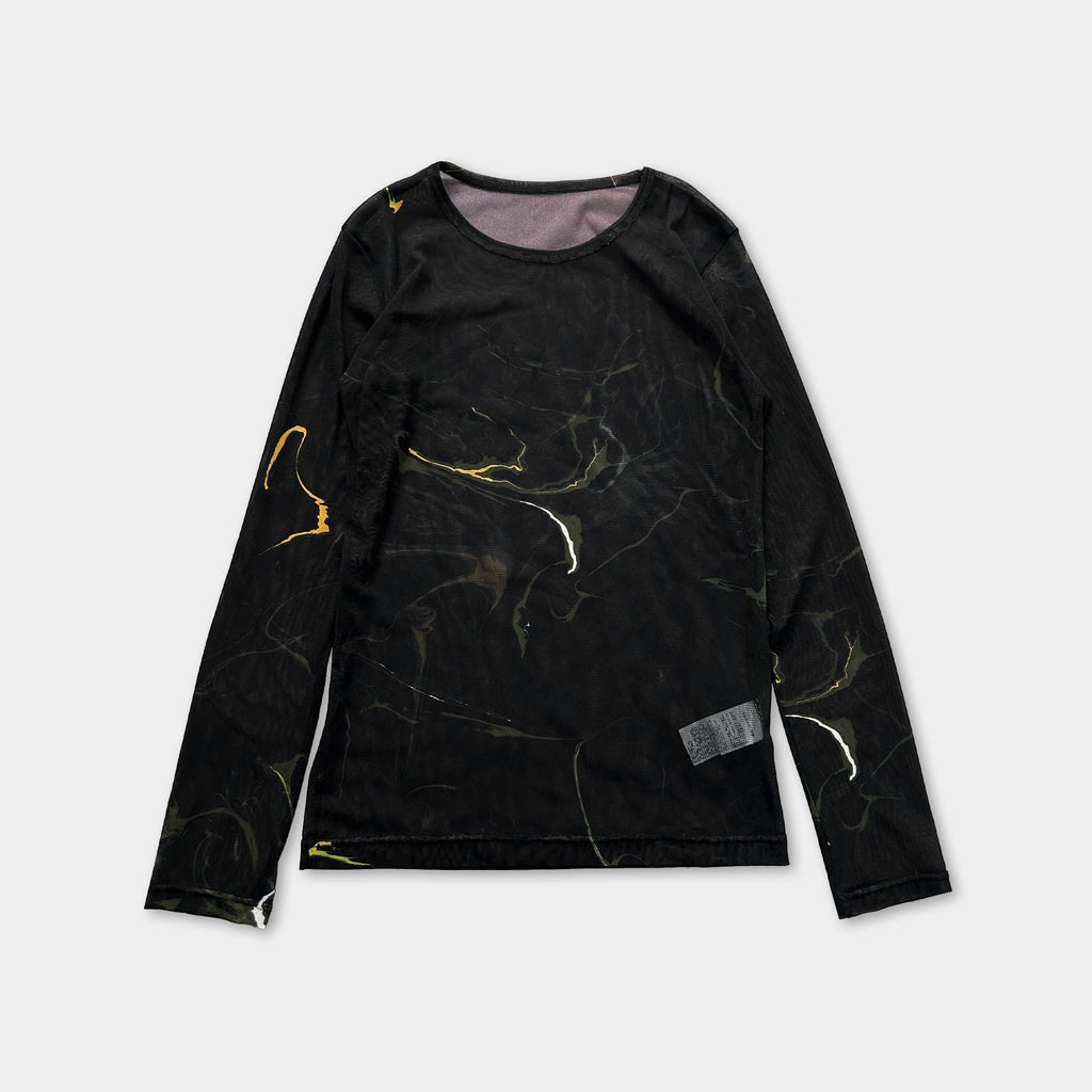 a black long-sleeved shirt with a marbled pattern on the front.