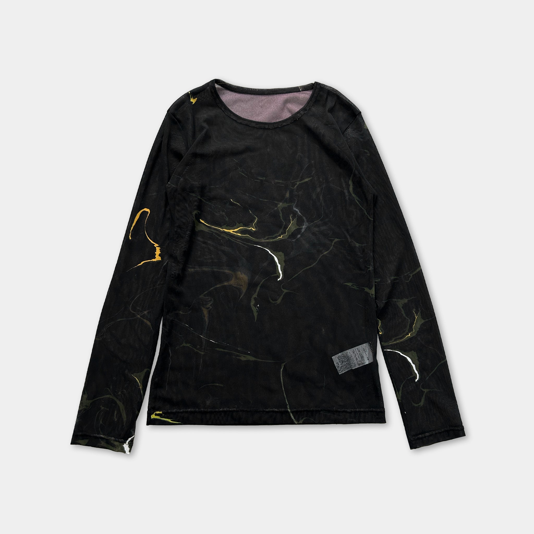 a black long-sleeved shirt with a marbled pattern on the front.