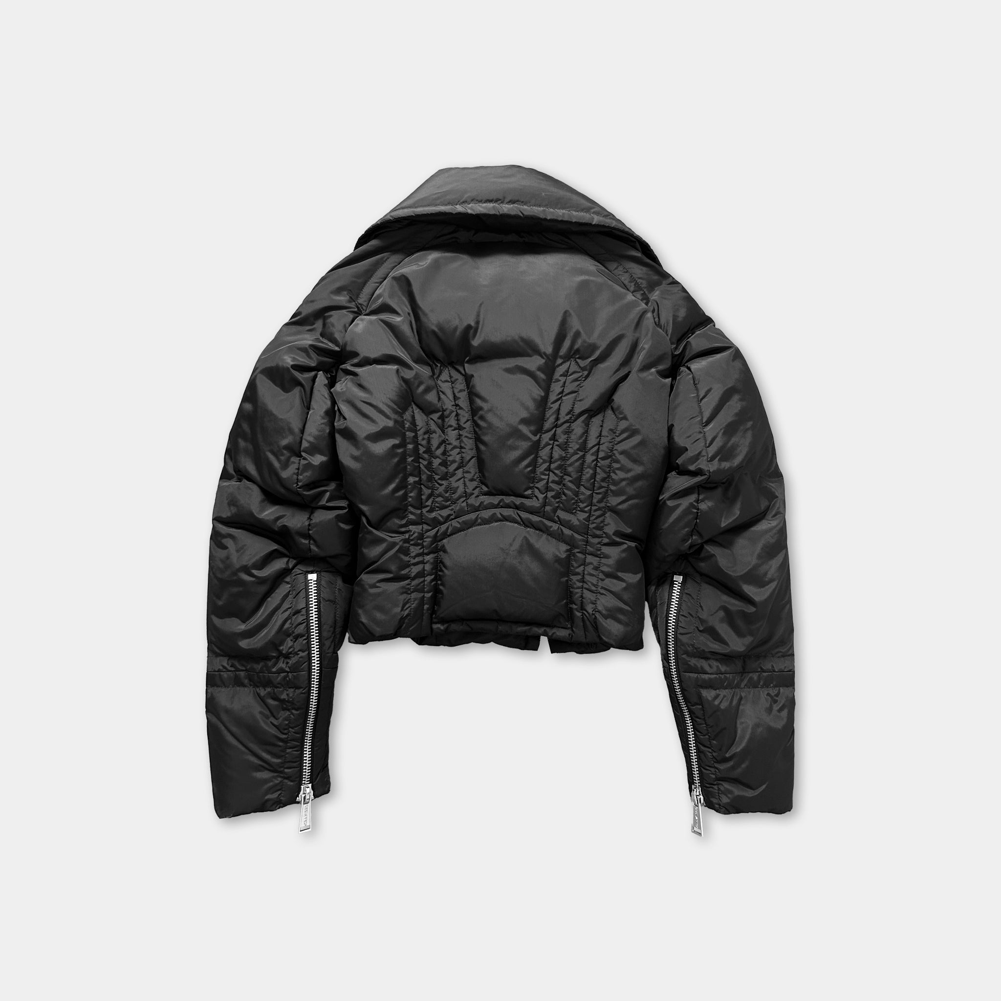 A black puffy jacket with a high collar and zipper details.