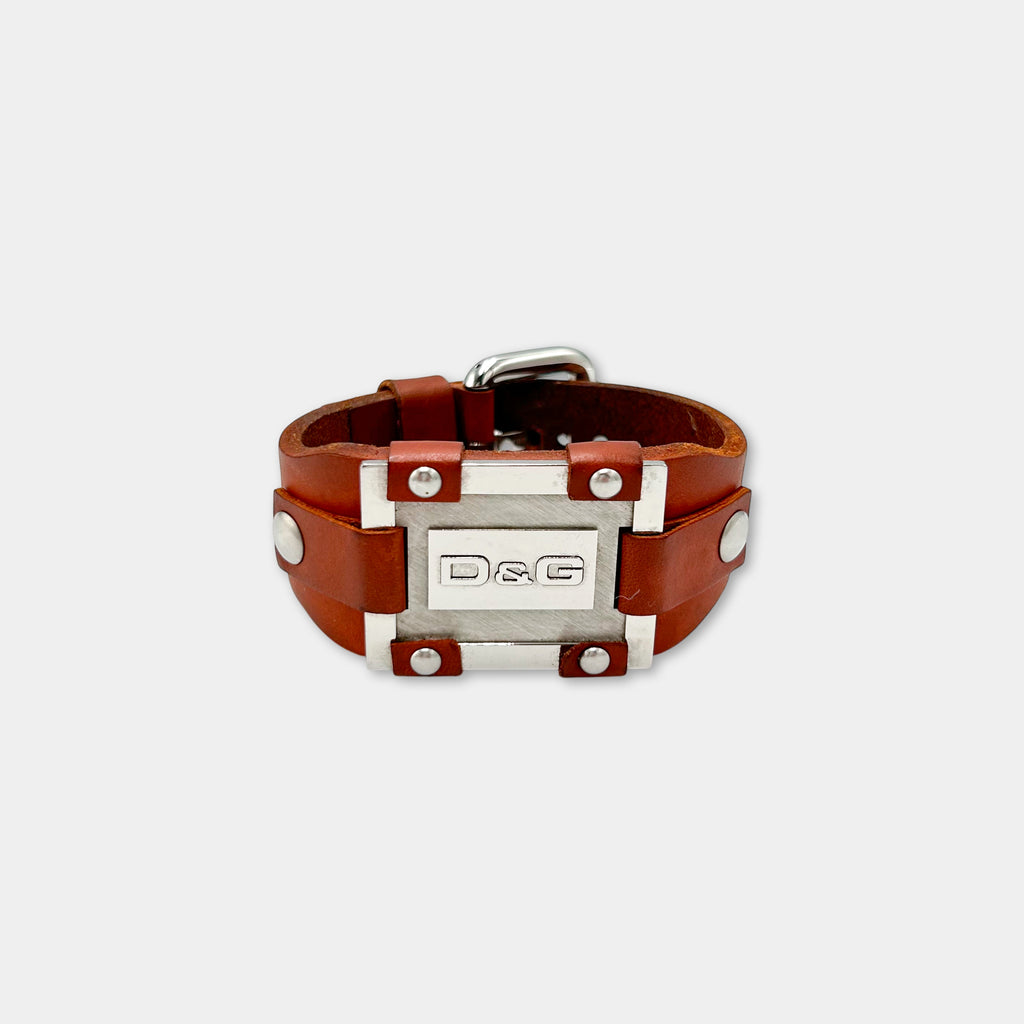 Dolce & Gabbana Metal Plate Brown Leather Bracelet