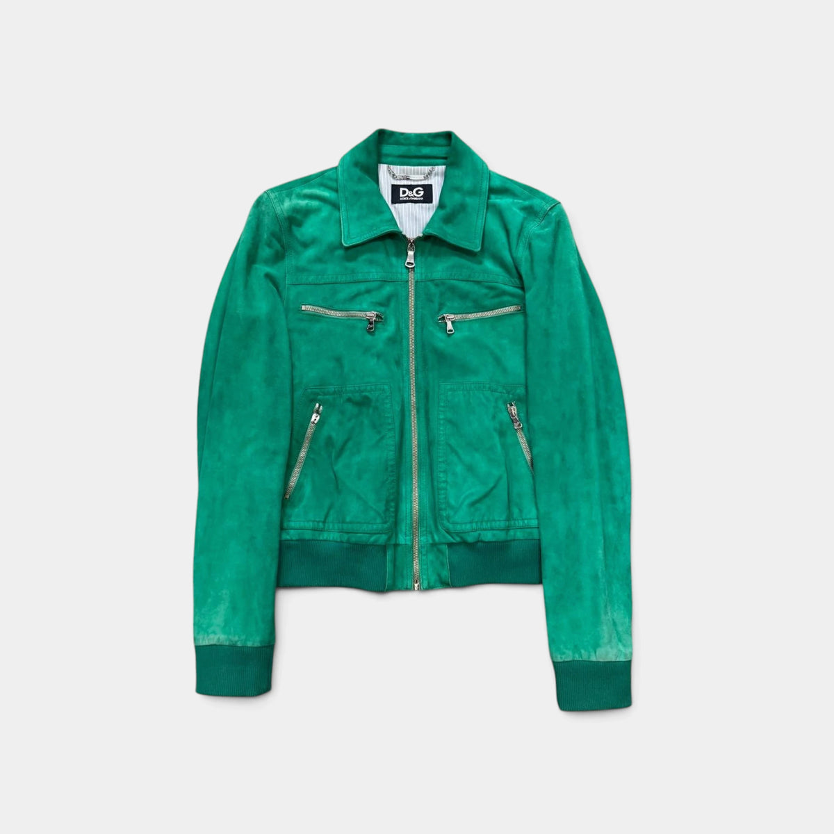 Dolce & Gabbana Emerald Green Suede Multi-Zip Bomber Jacket