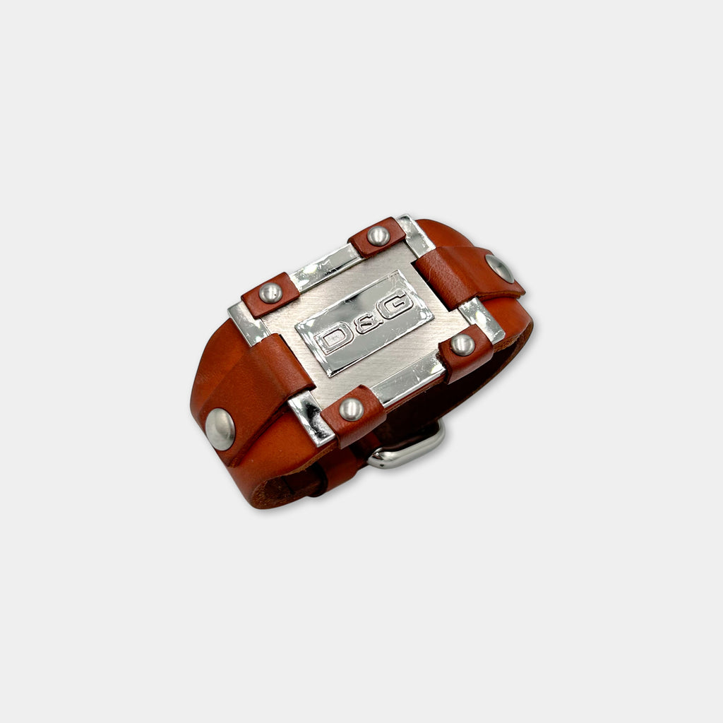 Dolce & Gabbana Metal Plate Brown Leather Bracelet
