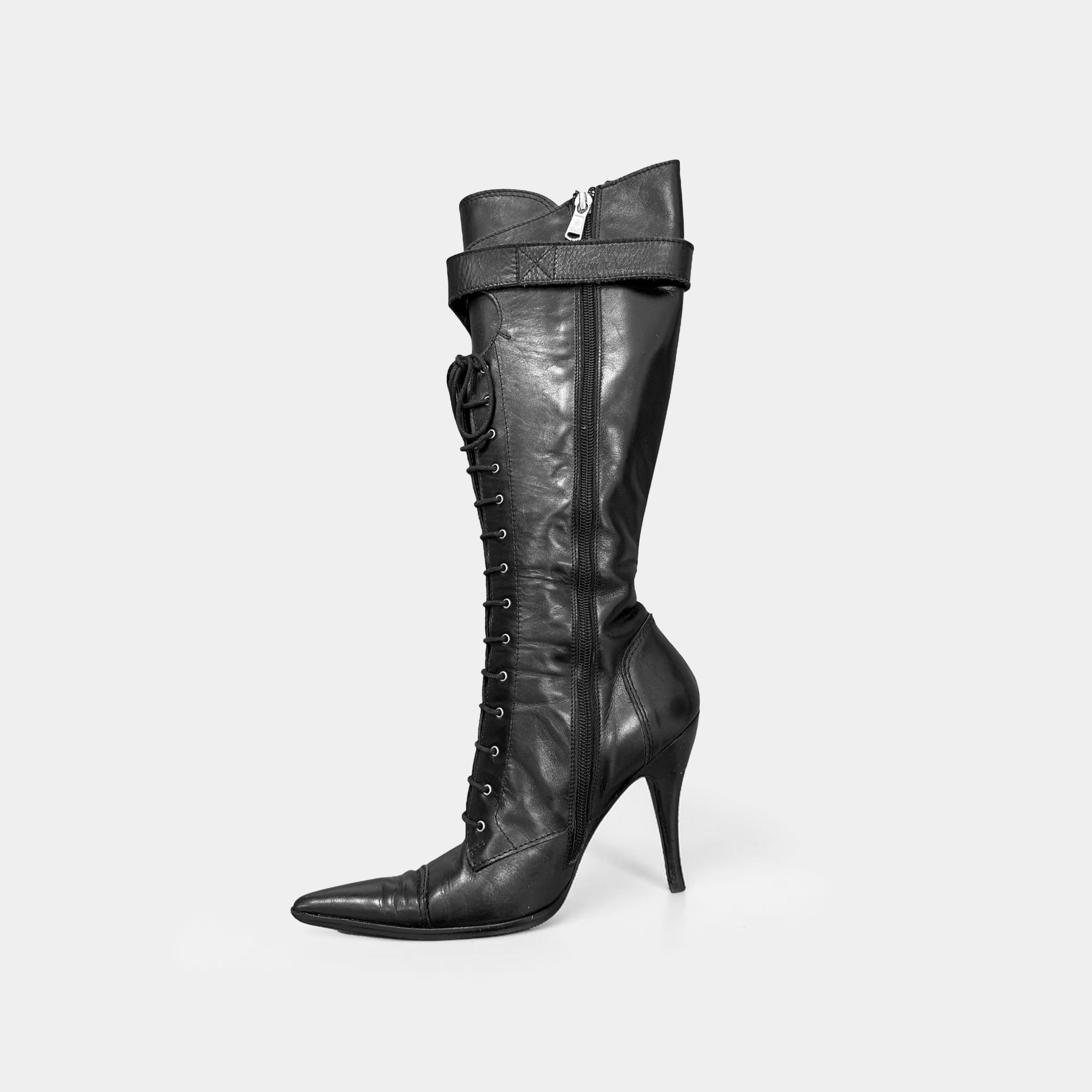 Dolce & Gabbana Black Leather Lace-Up Corset Stiletto Knee-High Boots