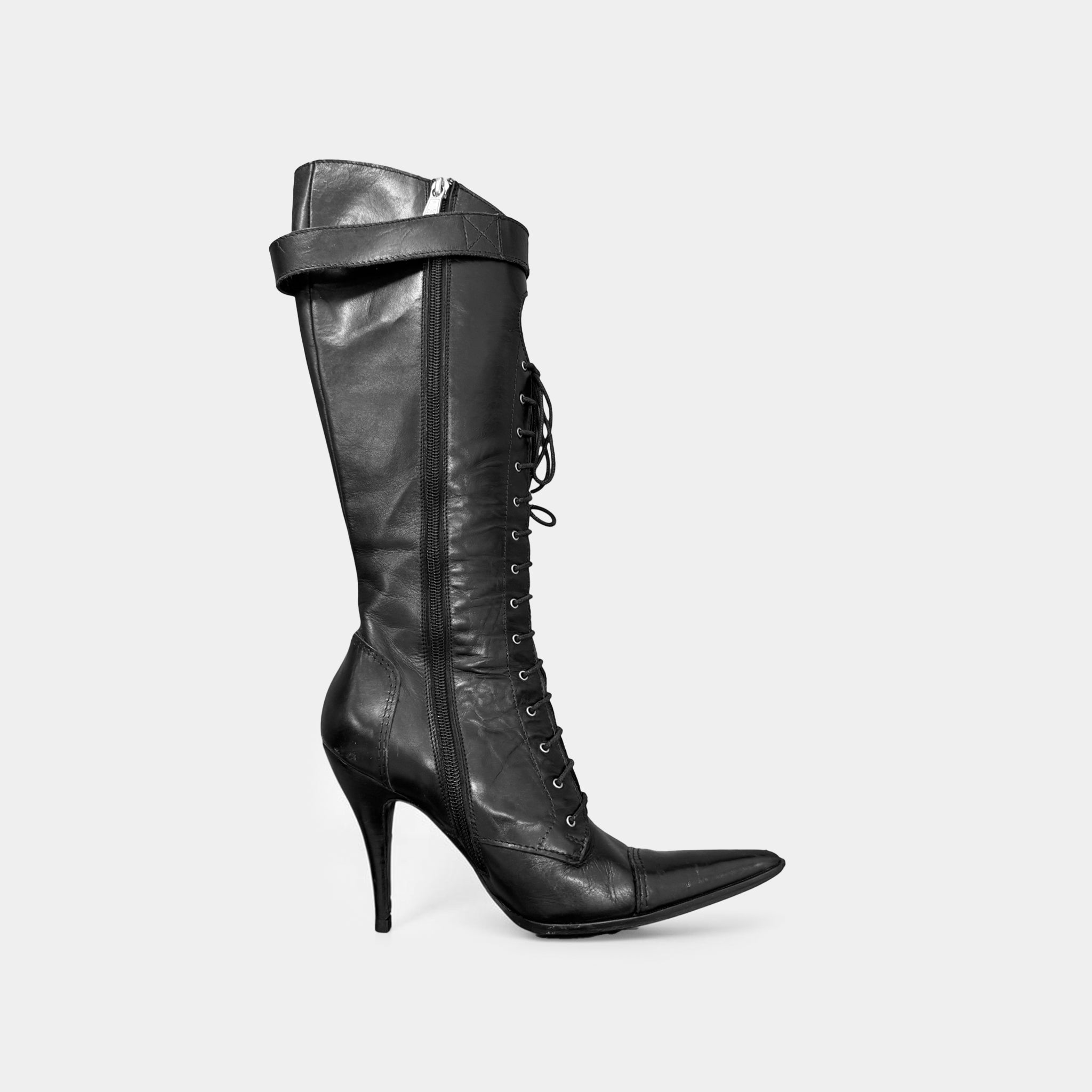 Dolce & Gabbana Black Leather Lace-Up Corset Stiletto Knee-High Boots