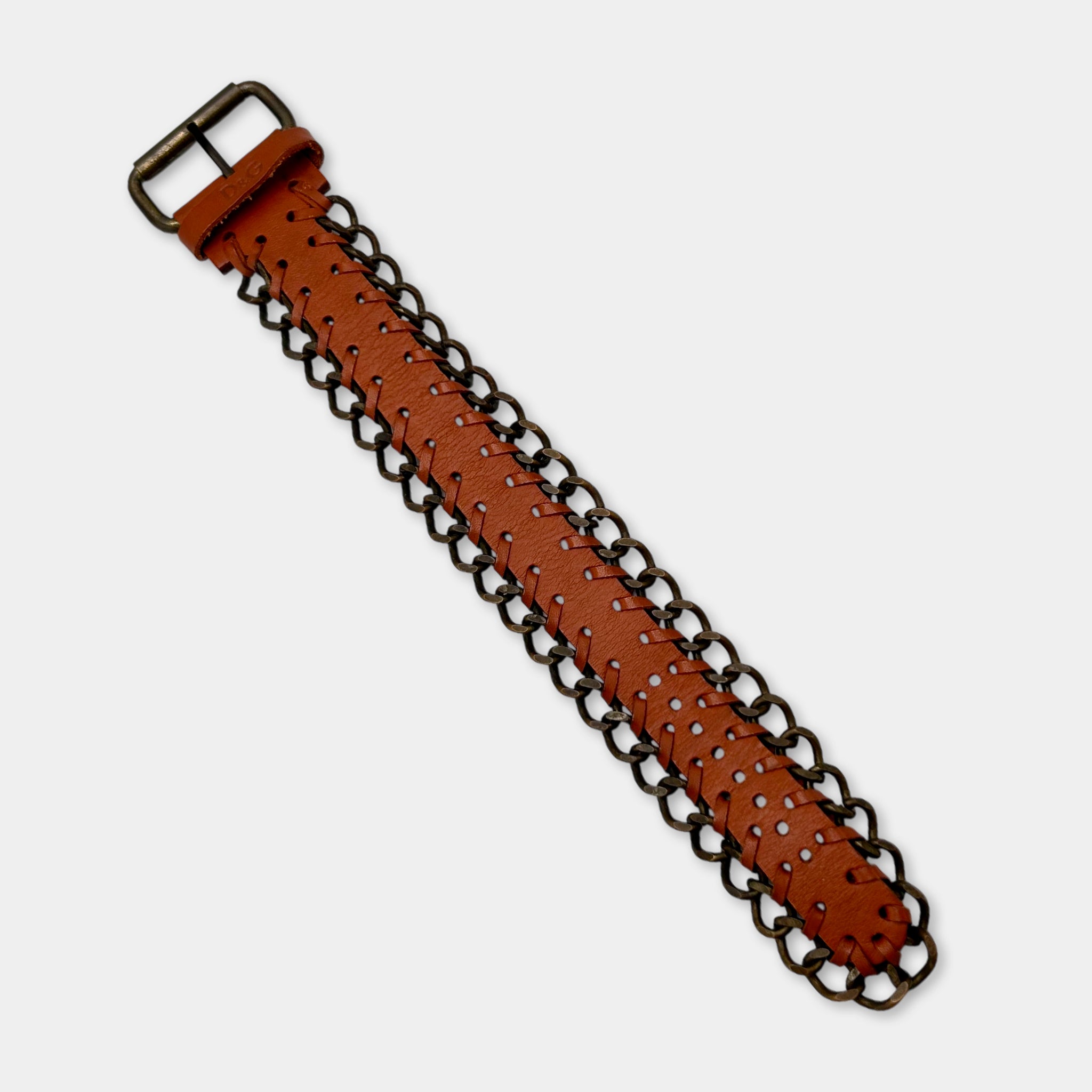 Dolce & Gabbana 2005 Leather and Silver Chain-Link Bangle