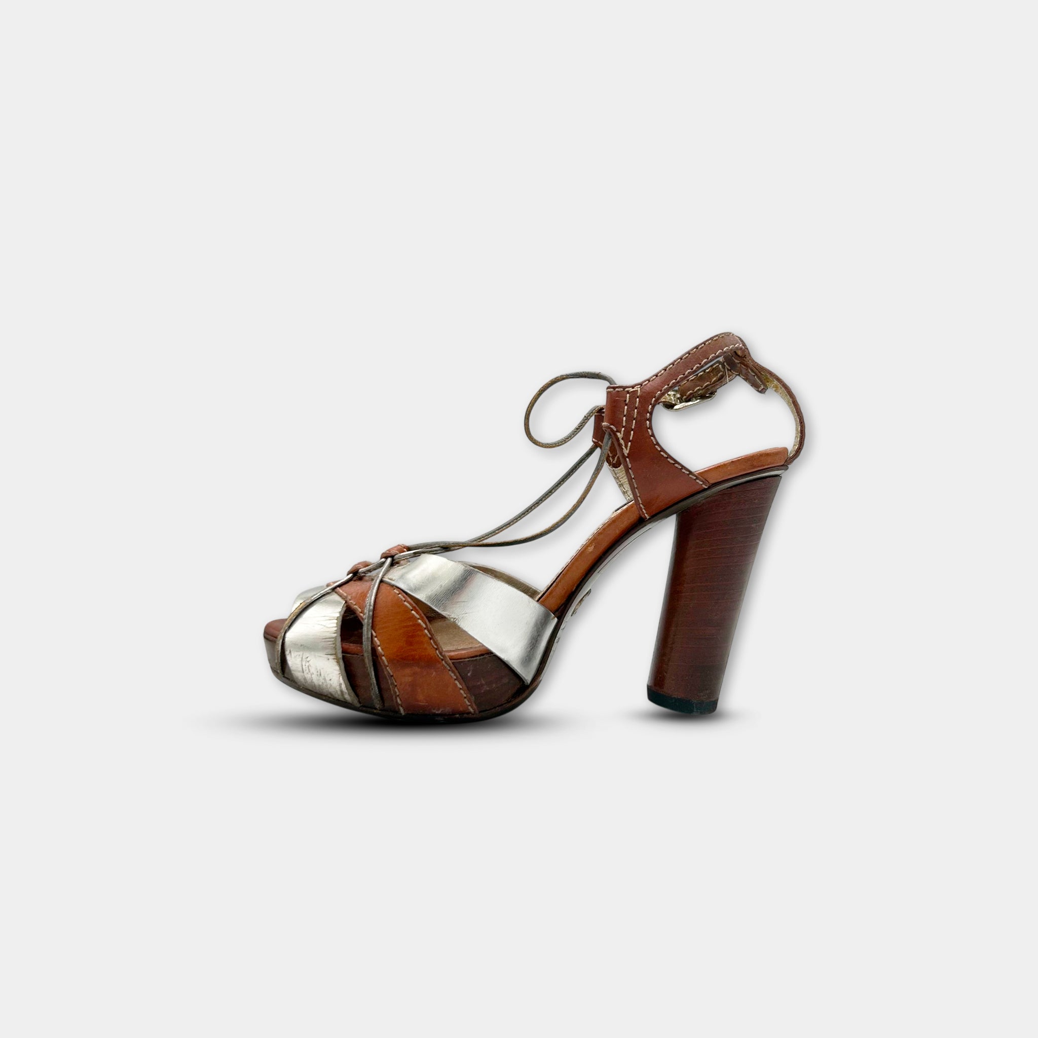 Dolce & Gabbana SS03 Silver Brown Leather Platform Ankle Strap Sandals