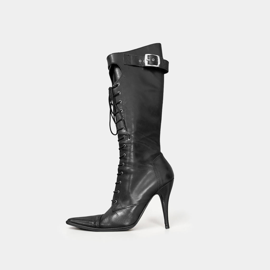 Dolce & Gabbana Black Leather Lace-Up Corset Stiletto Knee-High Boots