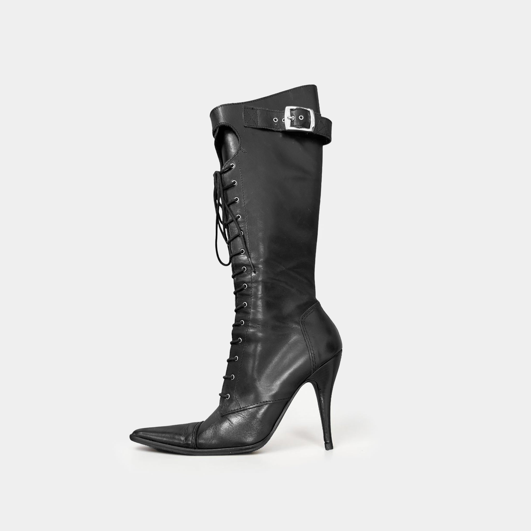 Dolce & Gabbana Black Leather Lace-Up Corset Stiletto Knee-High Boots