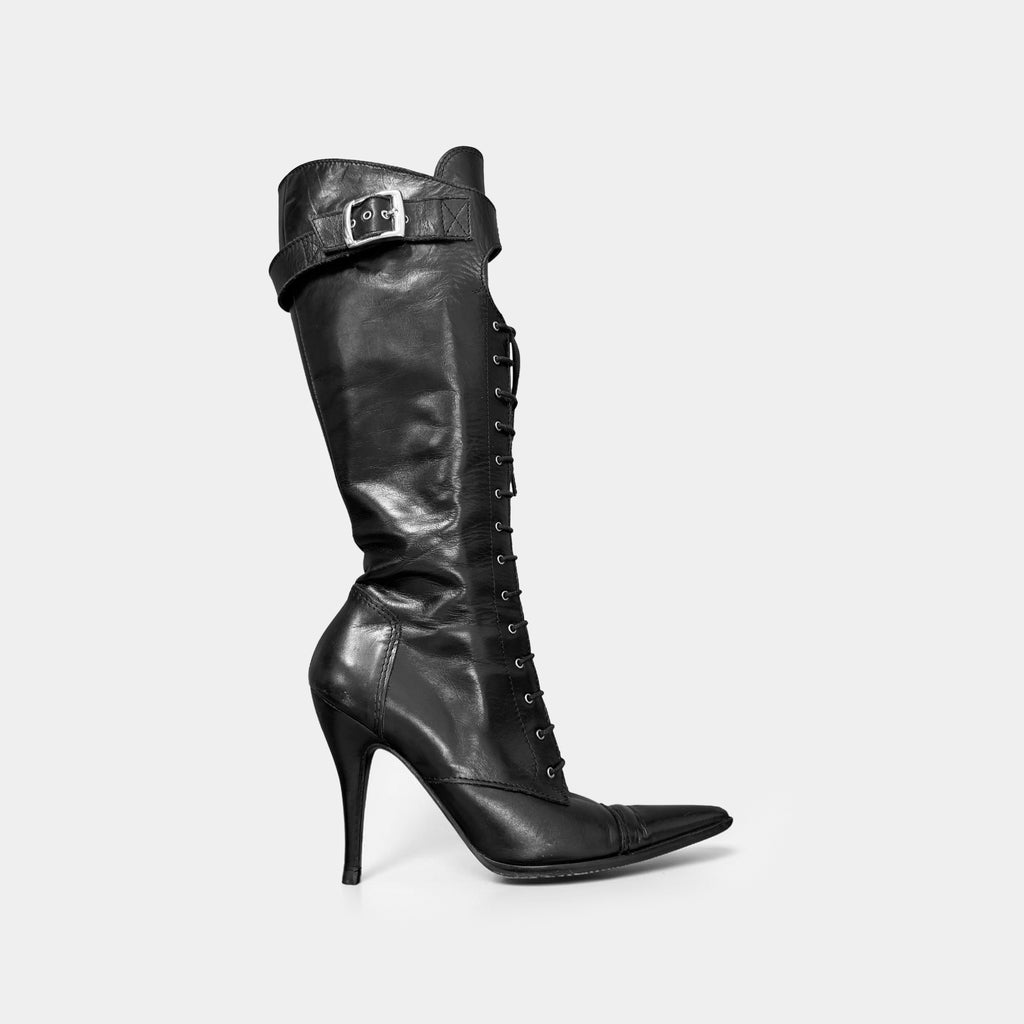 Dolce & Gabbana Black Leather Lace-Up Corset Stiletto Knee-High Boots