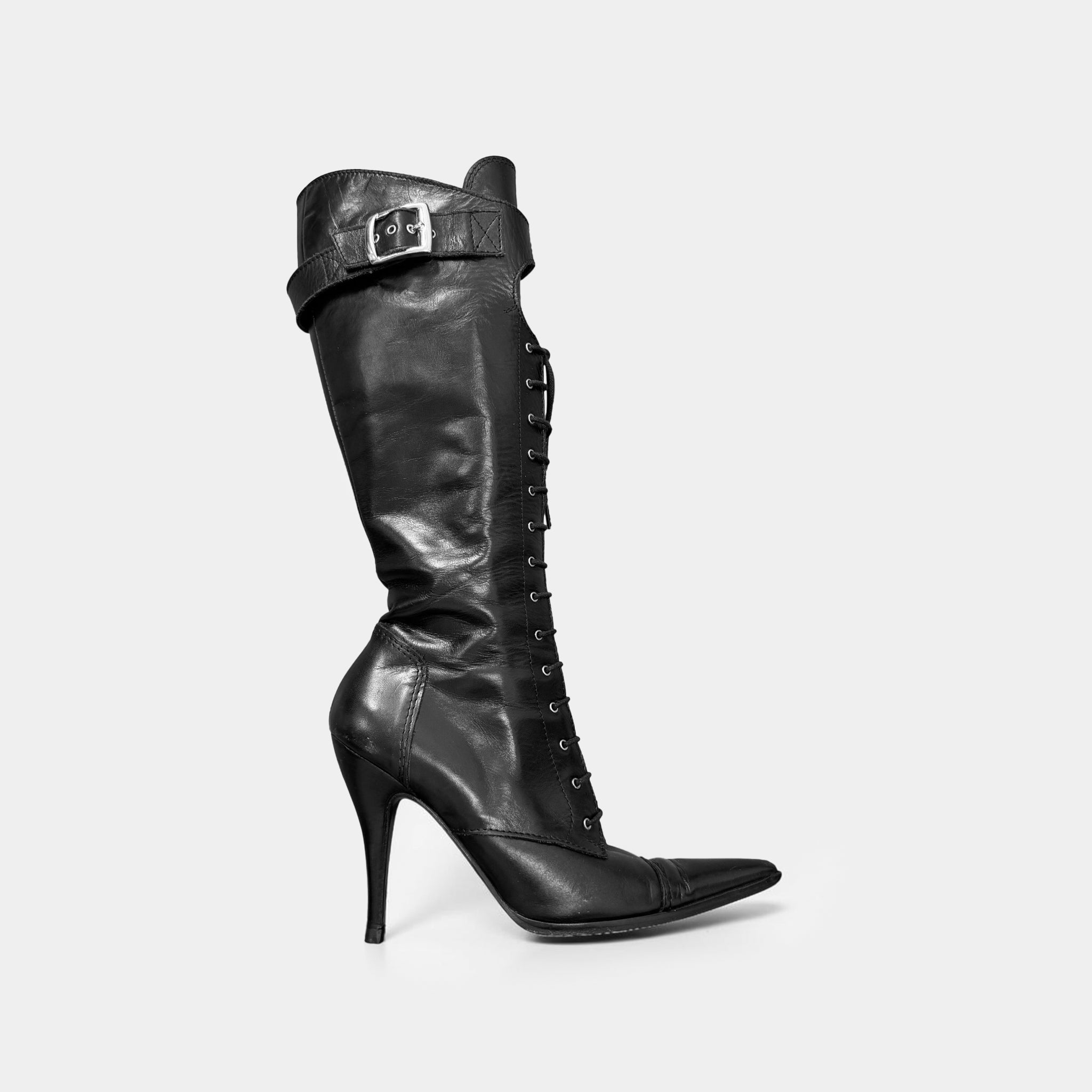 Dolce & Gabbana Black Leather Lace-Up Corset Stiletto Knee-High Boots