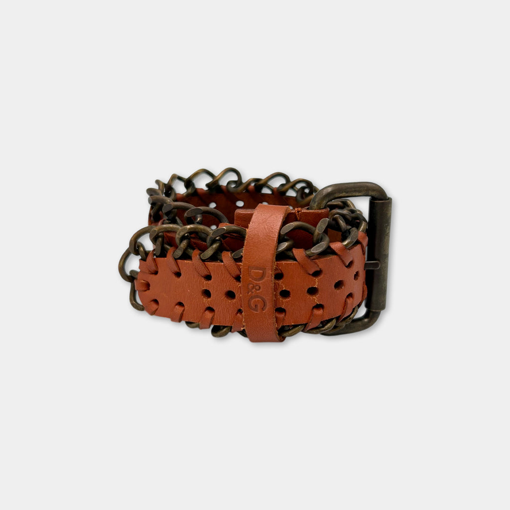 Dolce & Gabbana 2005 Leather and Silver Chain-Link Bangle
