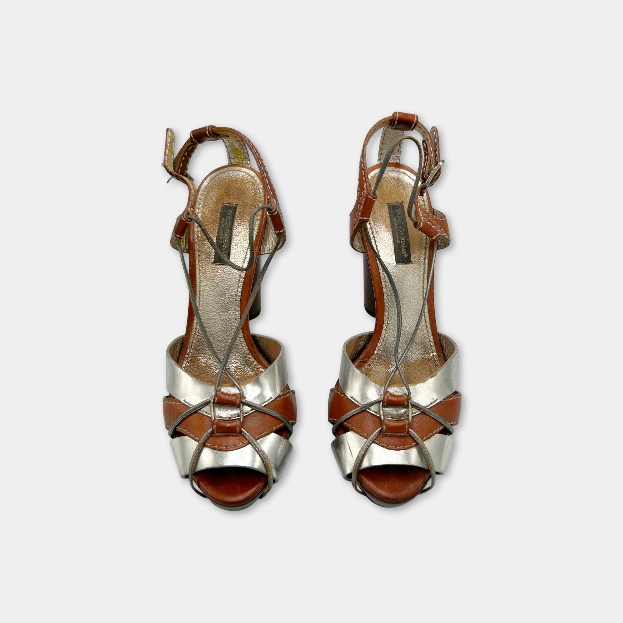 Dolce & Gabbana SS03 Silver Brown Leather Platform Ankle Strap Sandals