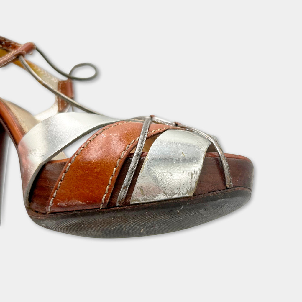 Dolce & Gabbana SS03 Silver Brown Leather Platform Ankle Strap Sandals