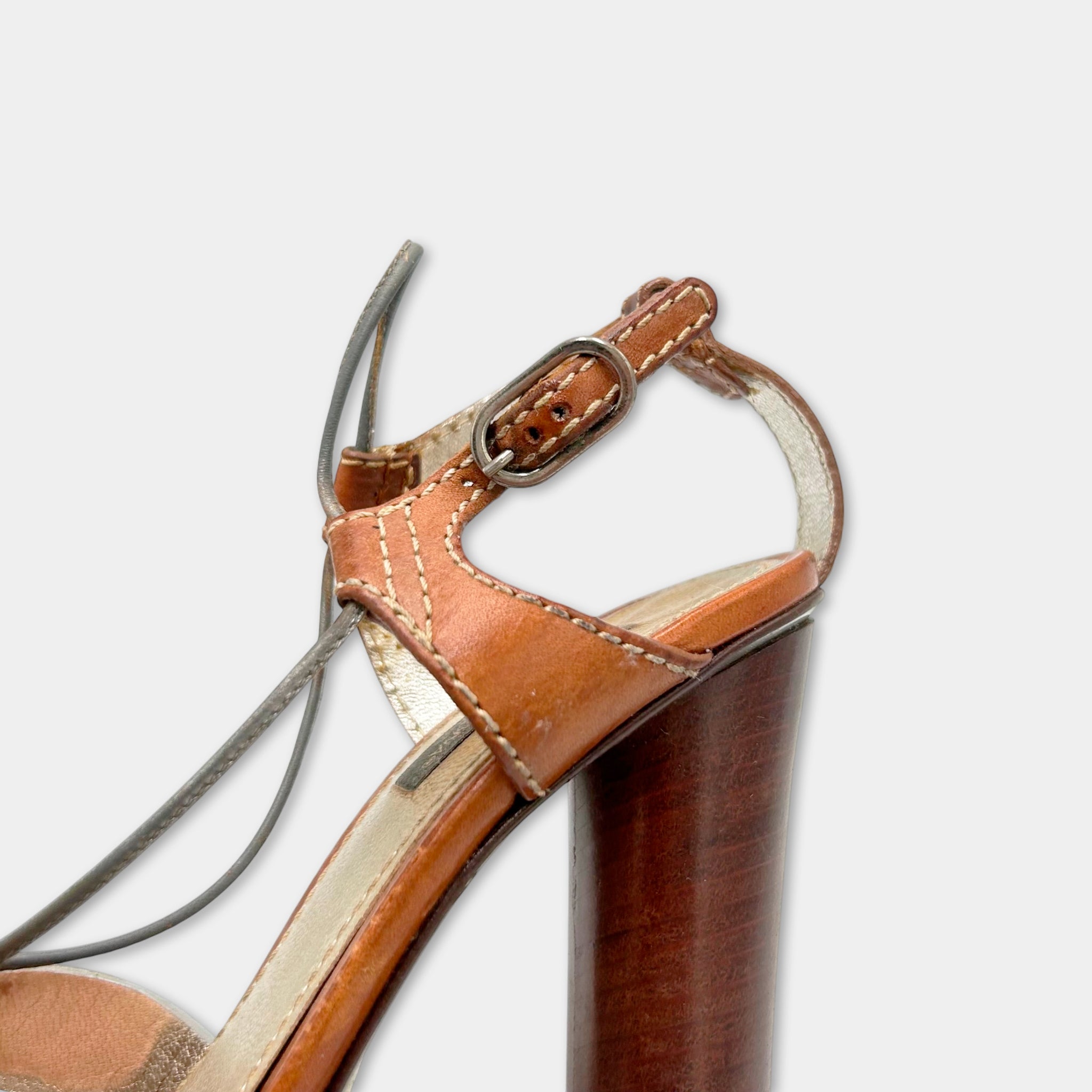 Dolce & Gabbana SS03 Silver Brown Leather Platform Ankle Strap Sandals
