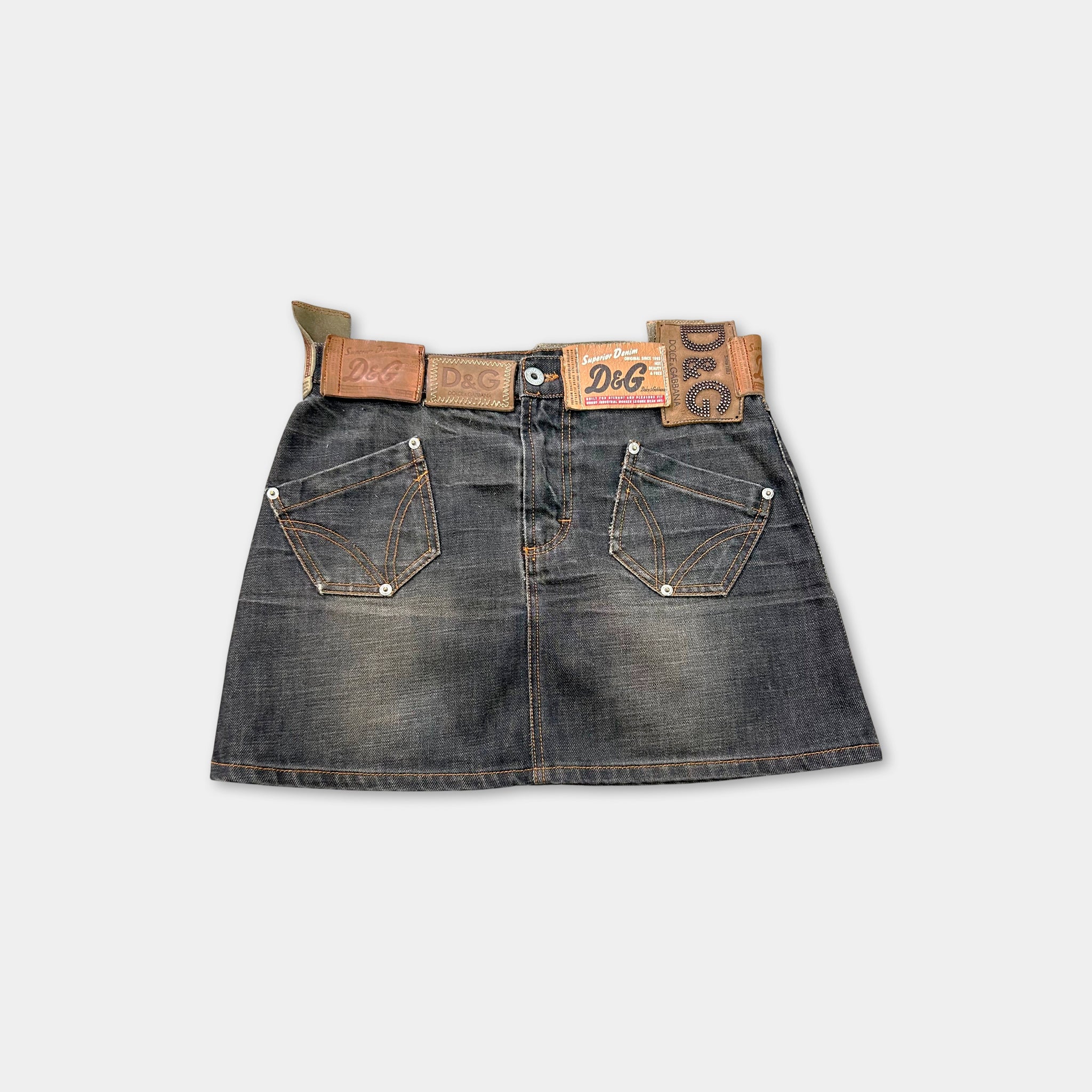 Dolce & Gabbana 2000's Leather Patchwork Denim Skirt