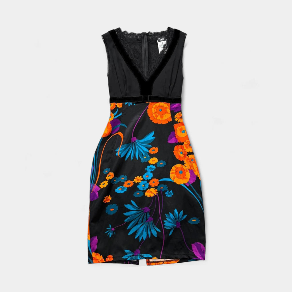 Dolce & Gabbana Floral Satin Lace-Trim Cocktail Dress