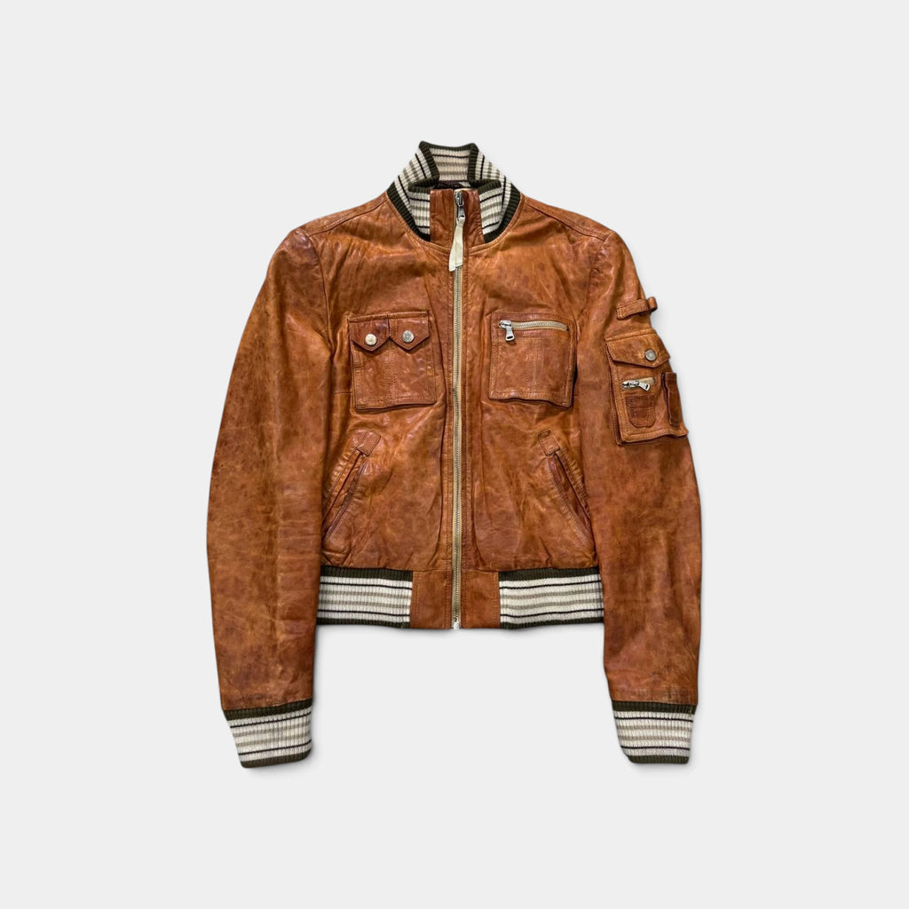Dolce & Gabbana Distressed Brown Leather Multi-Pocket Bomber Jacket