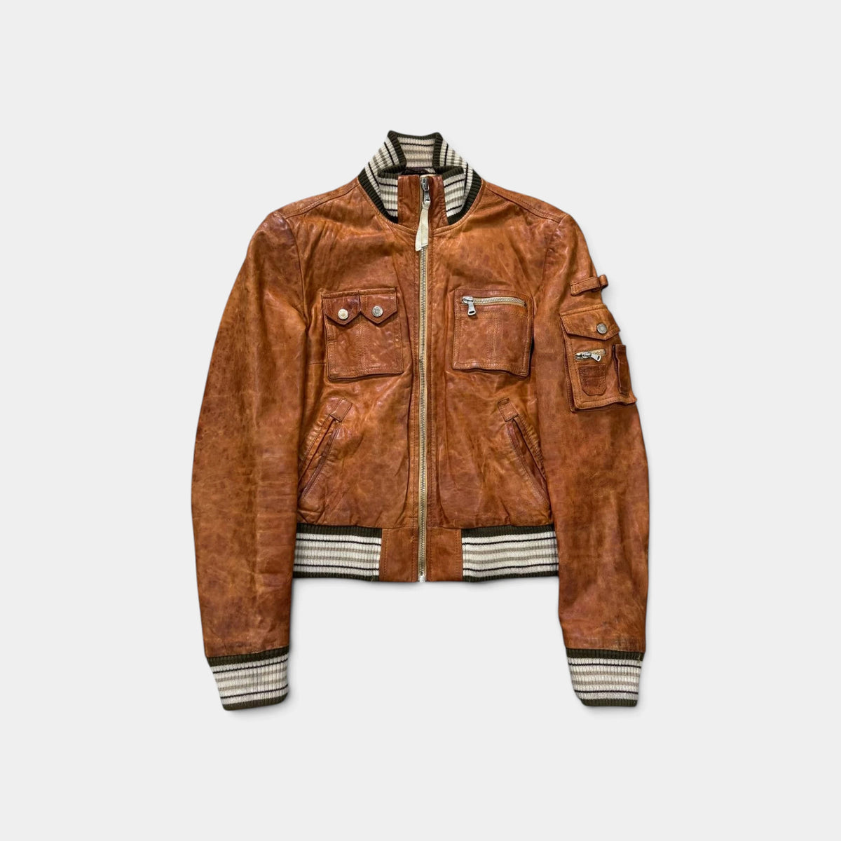 Dolce & Gabbana Distressed Brown Leather Multi-Pocket Bomber Jacket