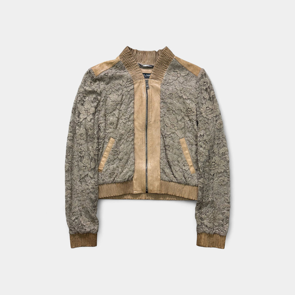 Dolce & Gabbana Floral Lace & Leather Trim Bomber Jacket