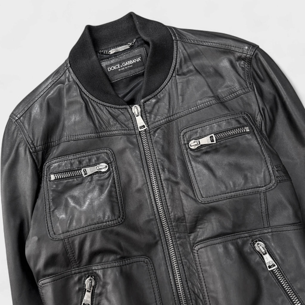 Dolce & Gabbana Multi-Pocket Black Leather Bomber Jacket