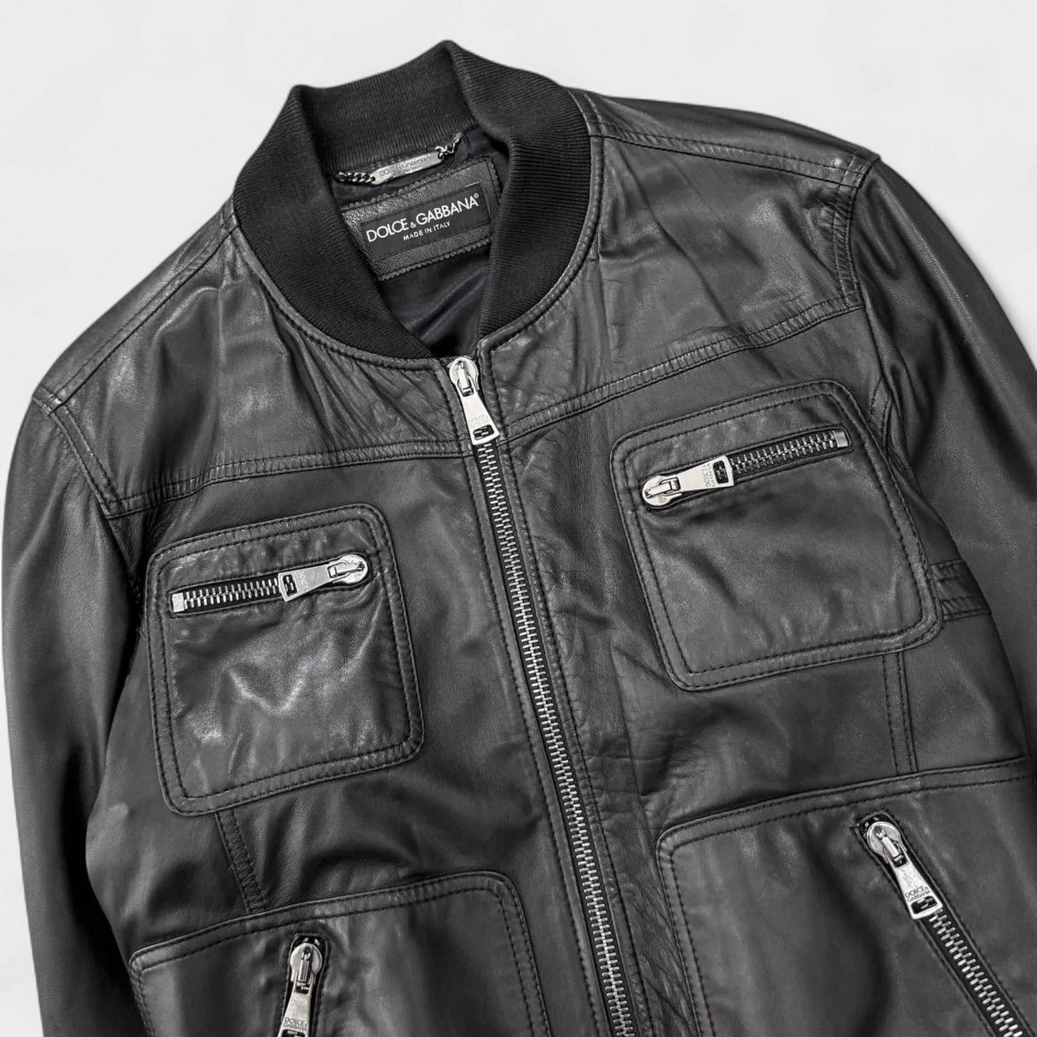 Dolce & Gabbana Multi-Pocket Black Leather Bomber Jacket