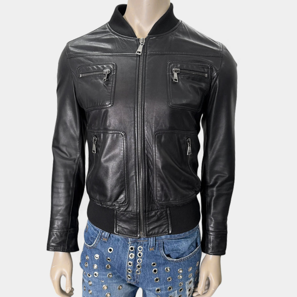 Dolce & Gabbana Multi-Pocket Black Leather Bomber Jacket