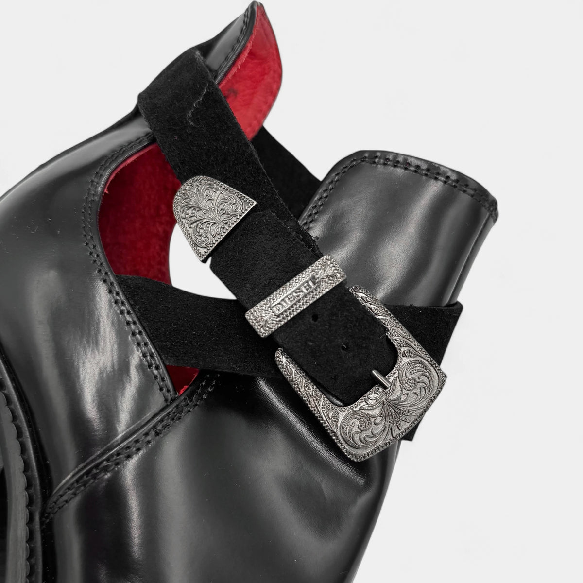 Diesel Black Leather Western Buckle Ankle Boots
