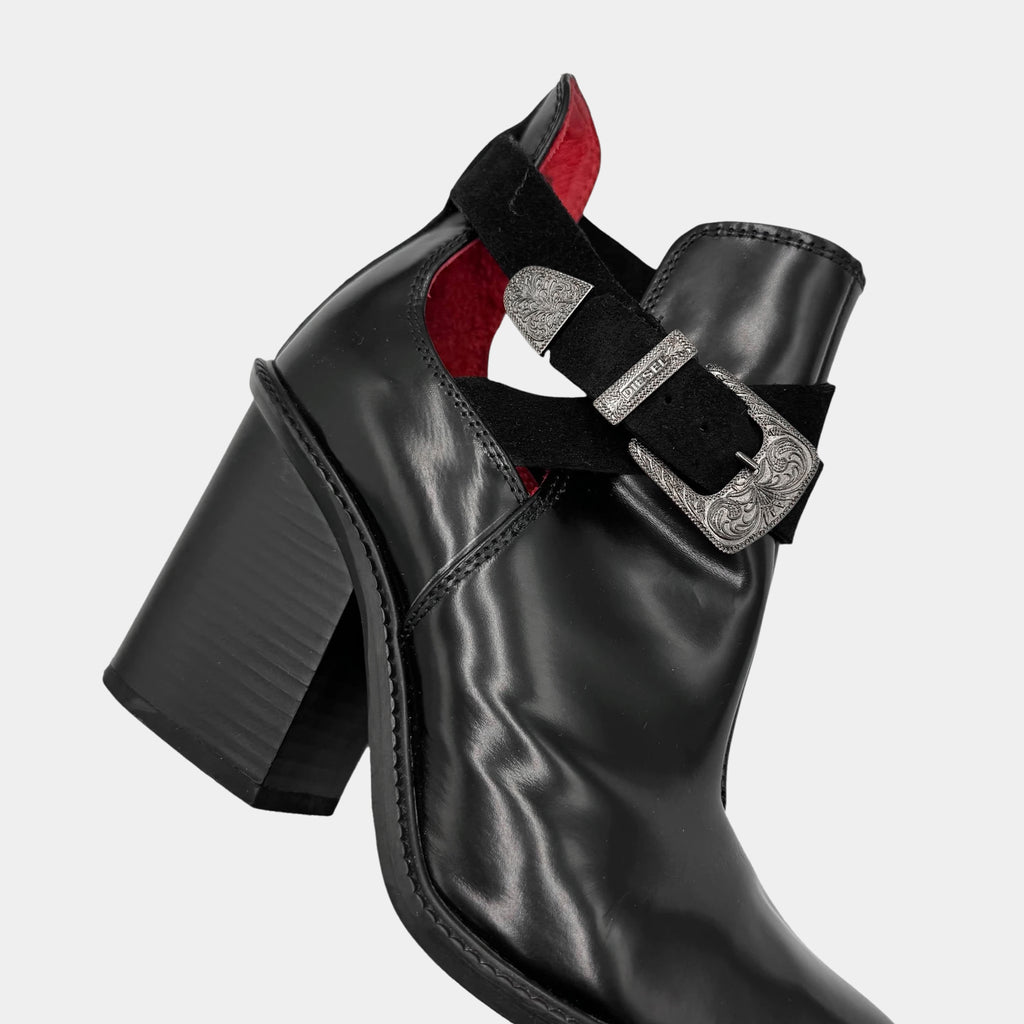 Diesel Black Leather Western Buckle Ankle Boots